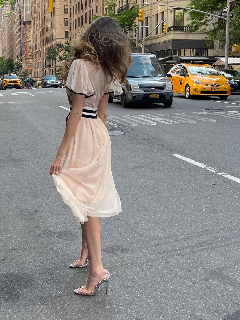 Round Neck Flutter Sleeve Stripe Waistband Floral Tulle Midi Dress 13