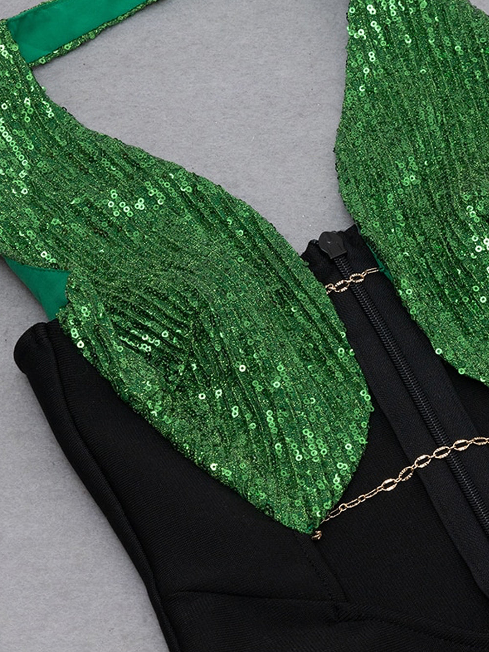 Halter Neck Chain Link Leaf Sequin Midriff Cutout Bodycon Maxi Gown 10