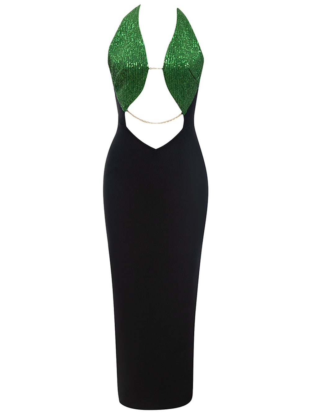 Halter Neck Chain Link Leaf Sequin Midriff Cutout Bodycon Maxi Gown