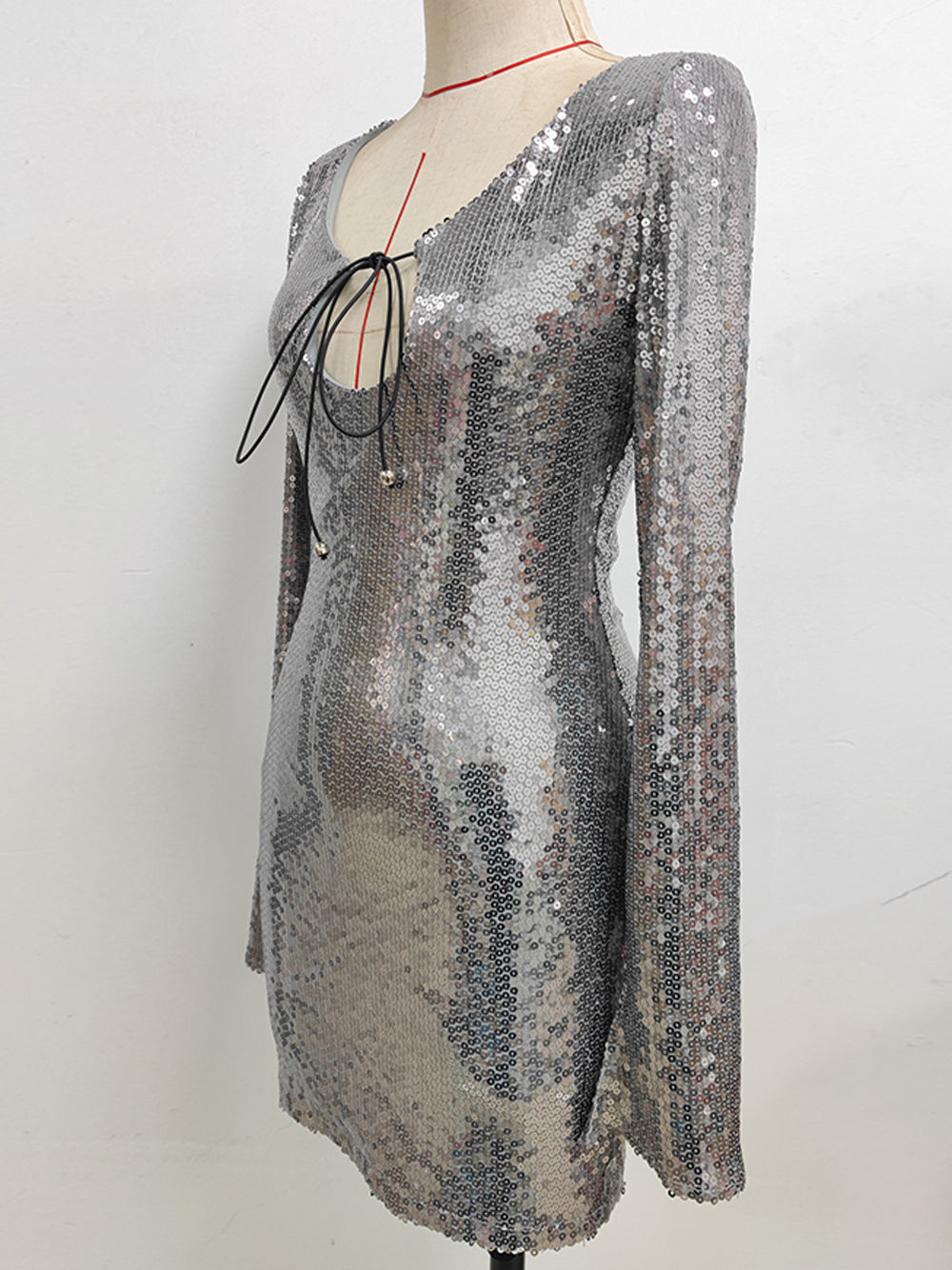 Deep V Neck Bell Sleeve Sequin Tie Front Mini Dress 12