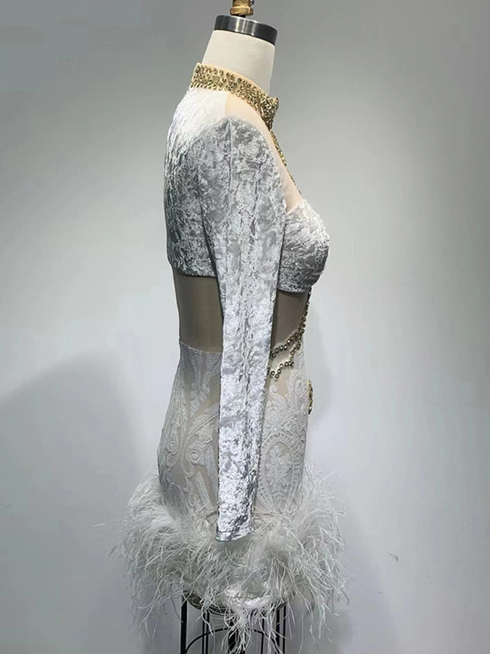 Crystal Choker Velvet Mesh Lace Feather Hem Mini Dress 10