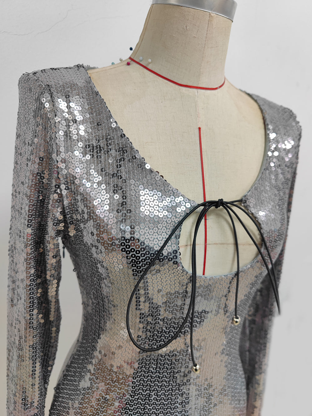 Deep V Neck Bell Sleeve Sequin Tie Front Mini Dress 8