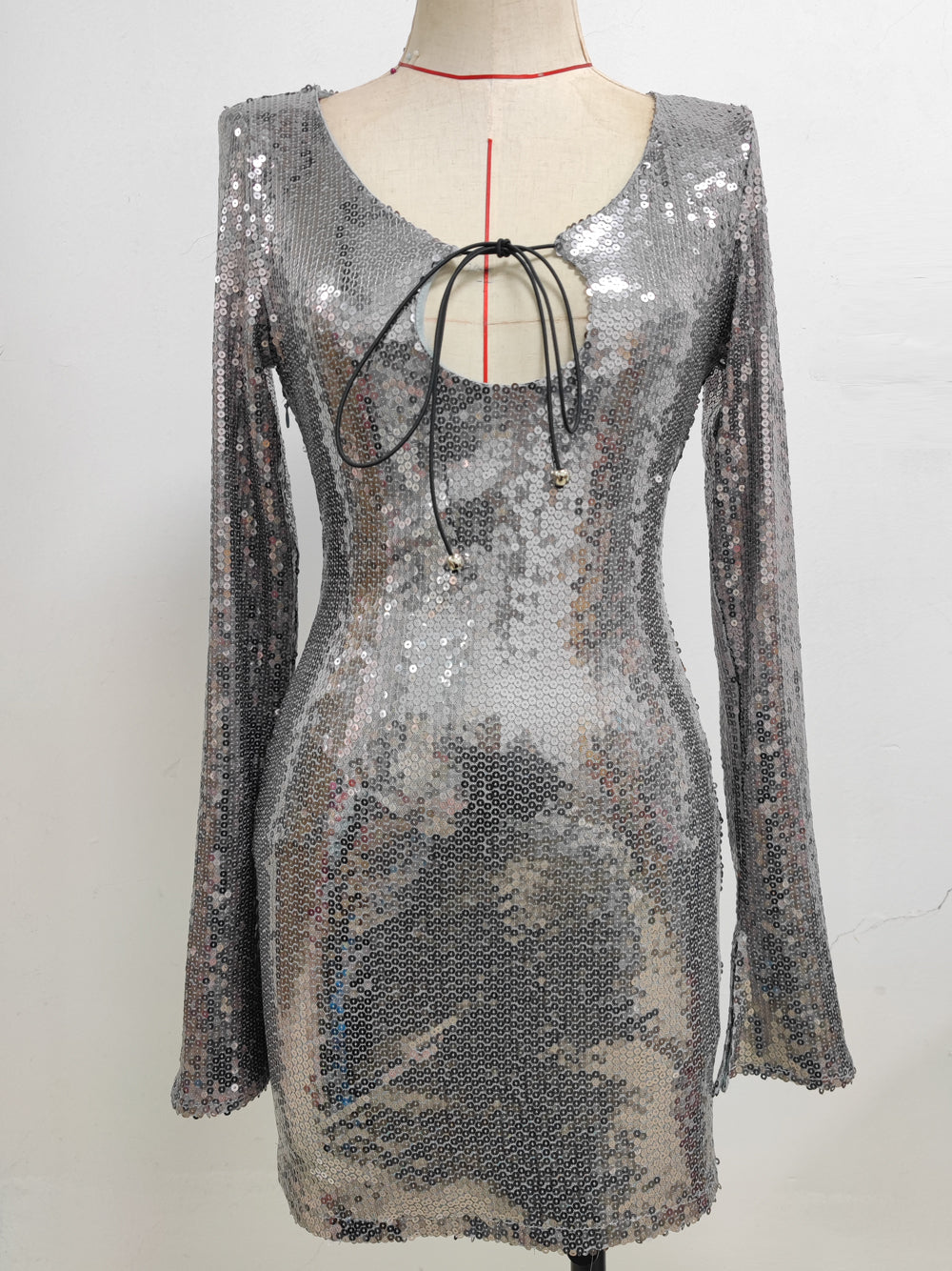 Deep V Neck Bell Sleeve Sequin Tie Front Mini Dress 9