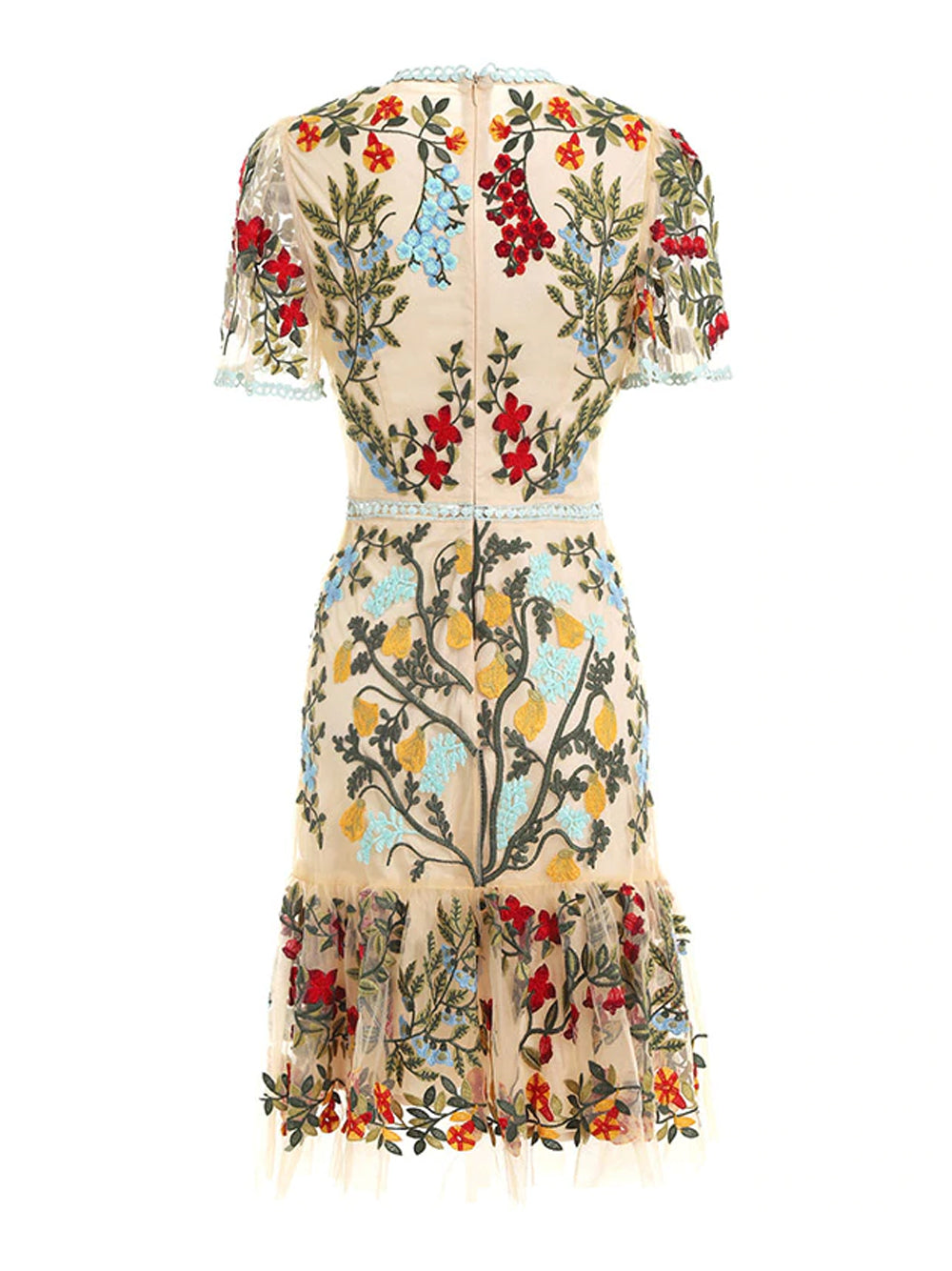 Round Neck Crochet Trim Floral Embroidered Mesh High Slit Midi Dress 6