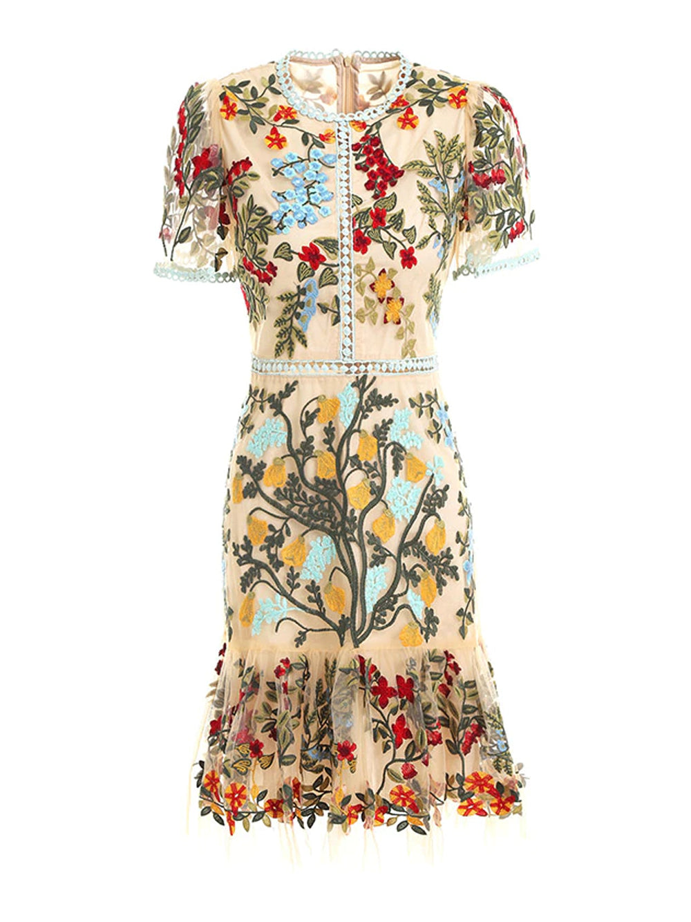 Round Neck Crochet Trim Floral Embroidered Mesh High Slit Midi Dress 5