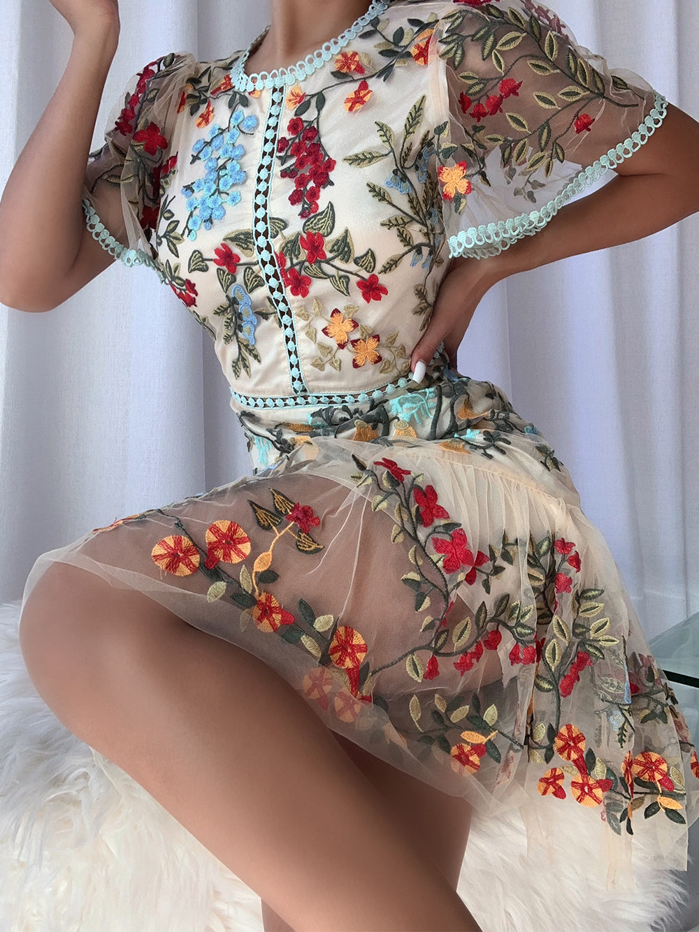 Round Neck Crochet Trim Floral Embroidered Mesh High Slit Midi Dress 4
