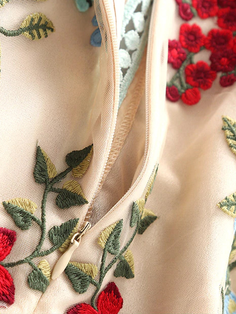 Round Neck Crochet Trim Floral Embroidered Mesh High Slit Midi Dress 13