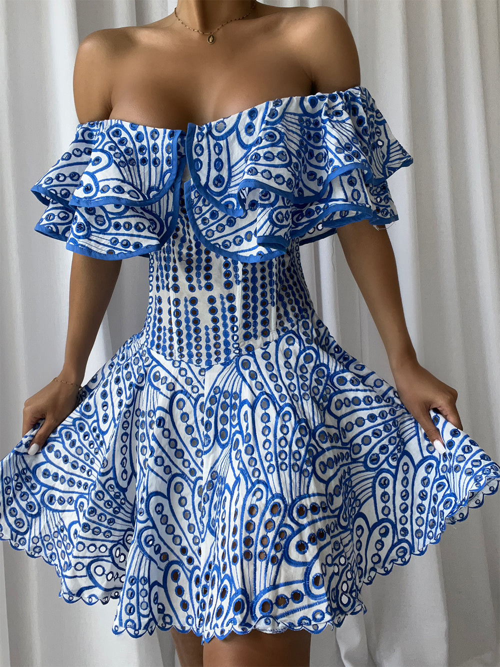 Off Shoulder Ruffle Trim Eyelet Embroidery Corset Fit and Flare Mini Dress 4