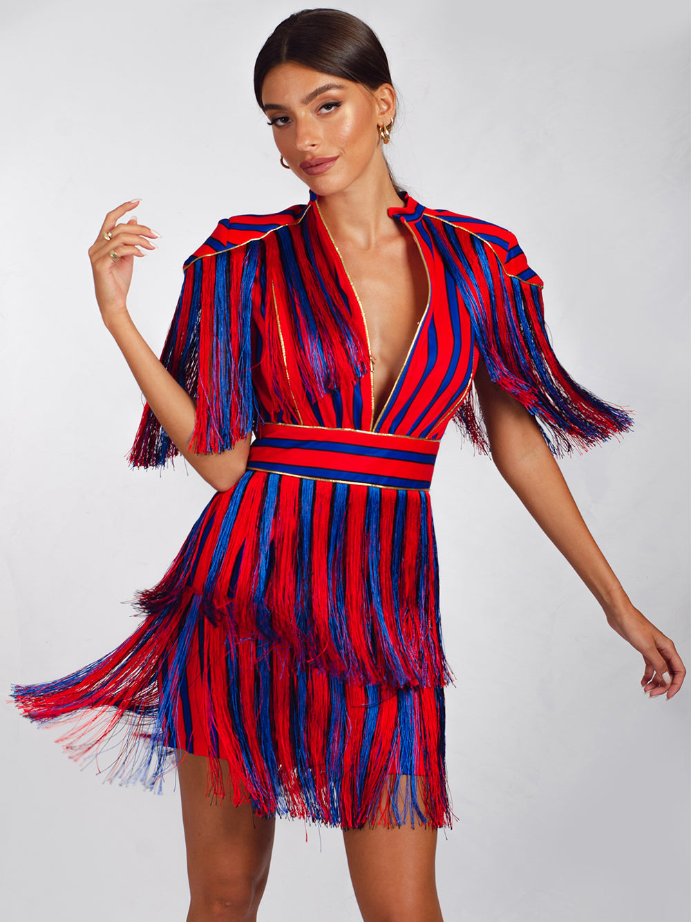 Mandarin Collar Epaulette Fringe Tiered Stripe Shag Mini Dress 11