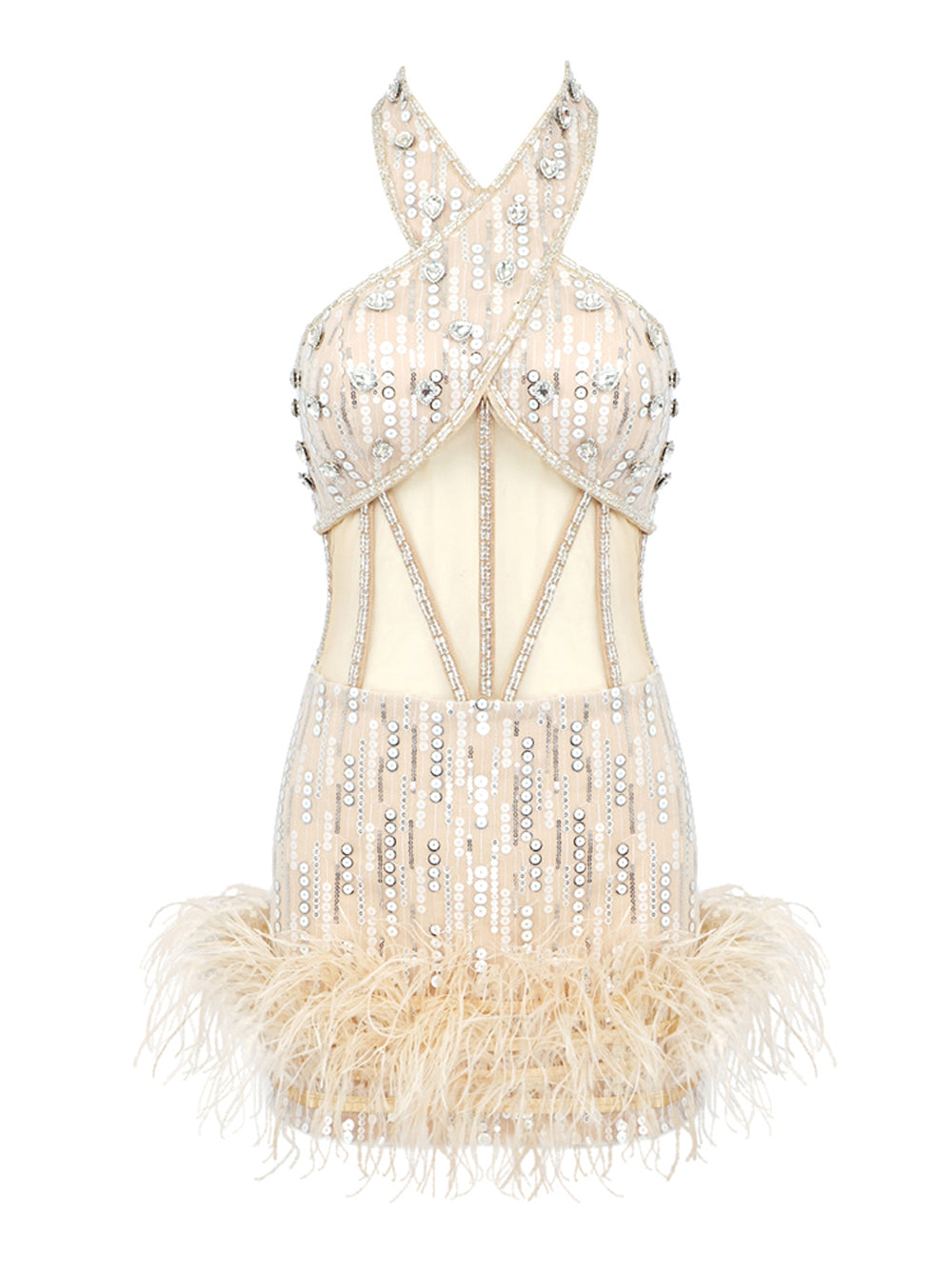 Crossover Halter Sequin Stripe Corset Mesh Panel Feather Hem Mini Dress