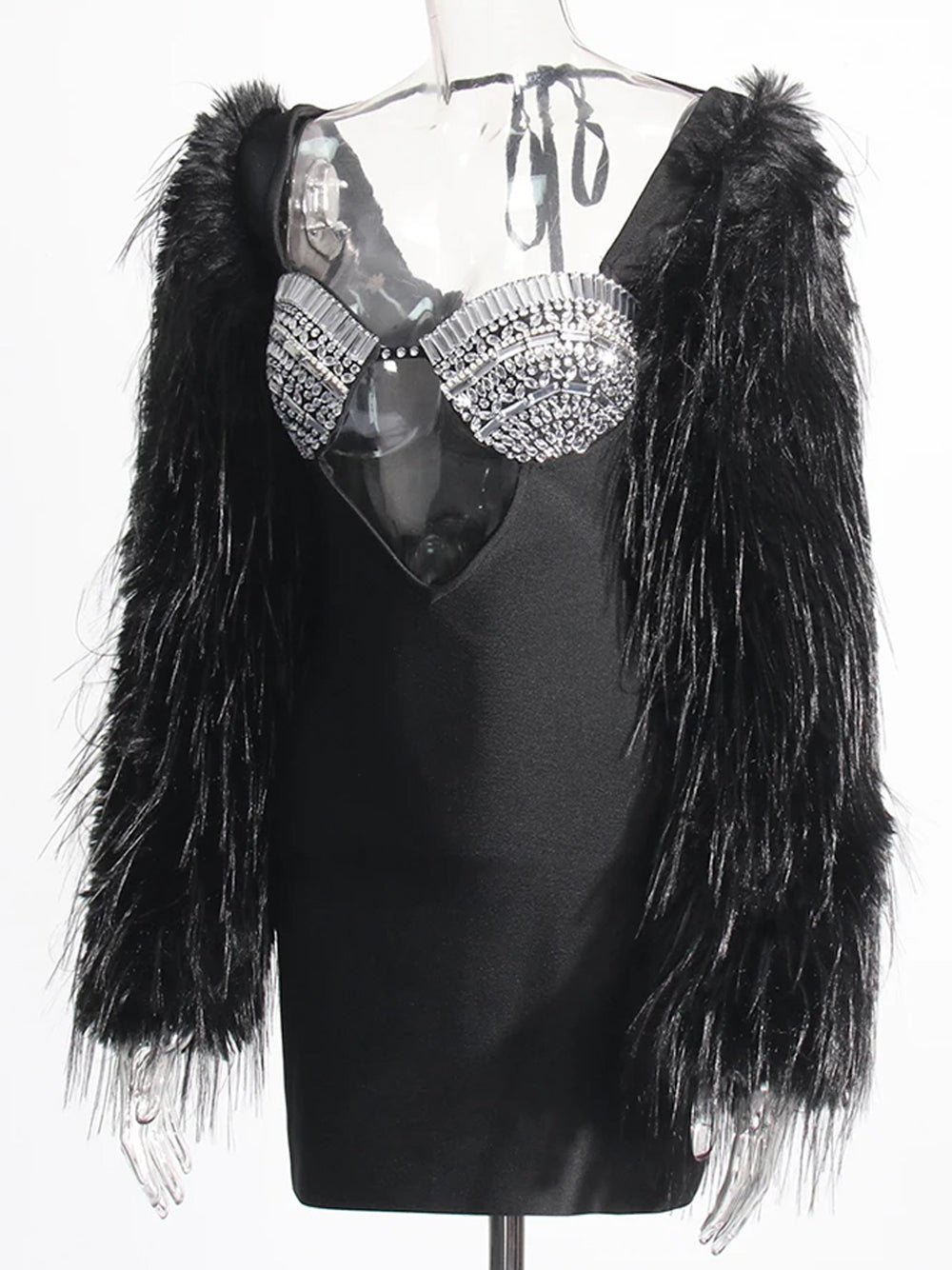 Halter Rhinestone Bust Triangle Cutout Faux Fur Sleeve Mini Dress 3