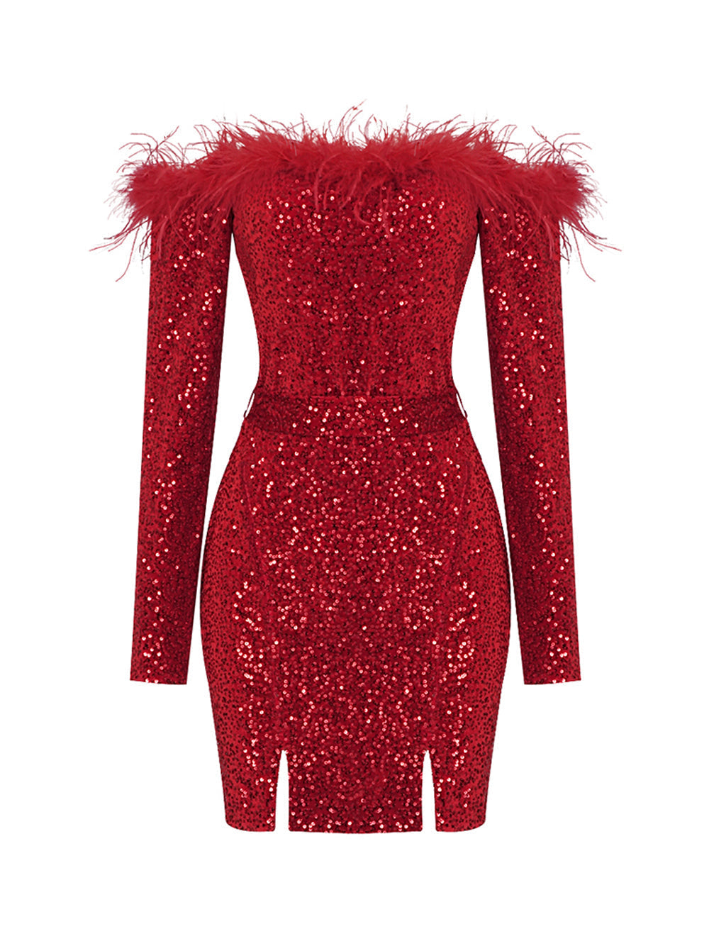 Off Shoulder Feather Trim Long Sleeve Sequin Bodycon Mini Dress