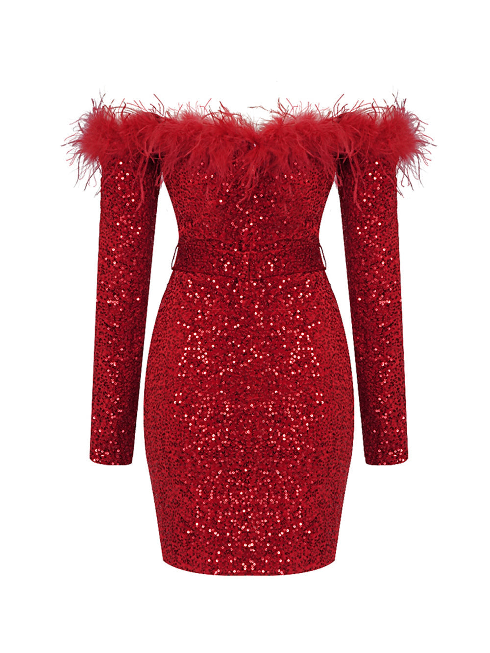 Off Shoulder Feather Trim Long Sleeve Sequin Bodycon Mini Dress 2