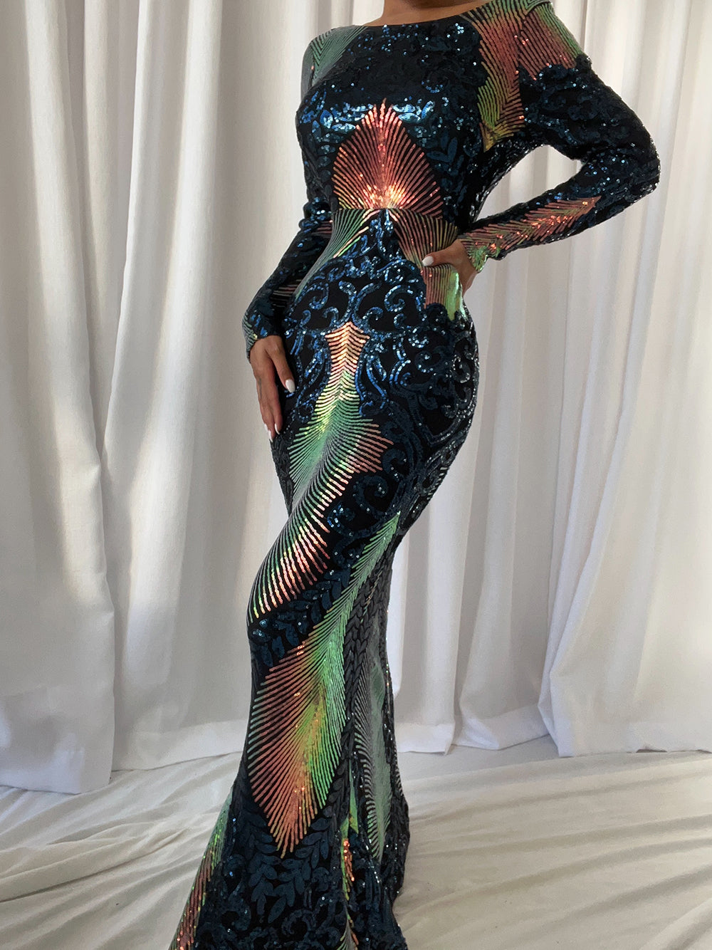 Crew Neck Long Sleeve Iridescent Sequin Fan Motif Bodycon Maxi Dress 4
