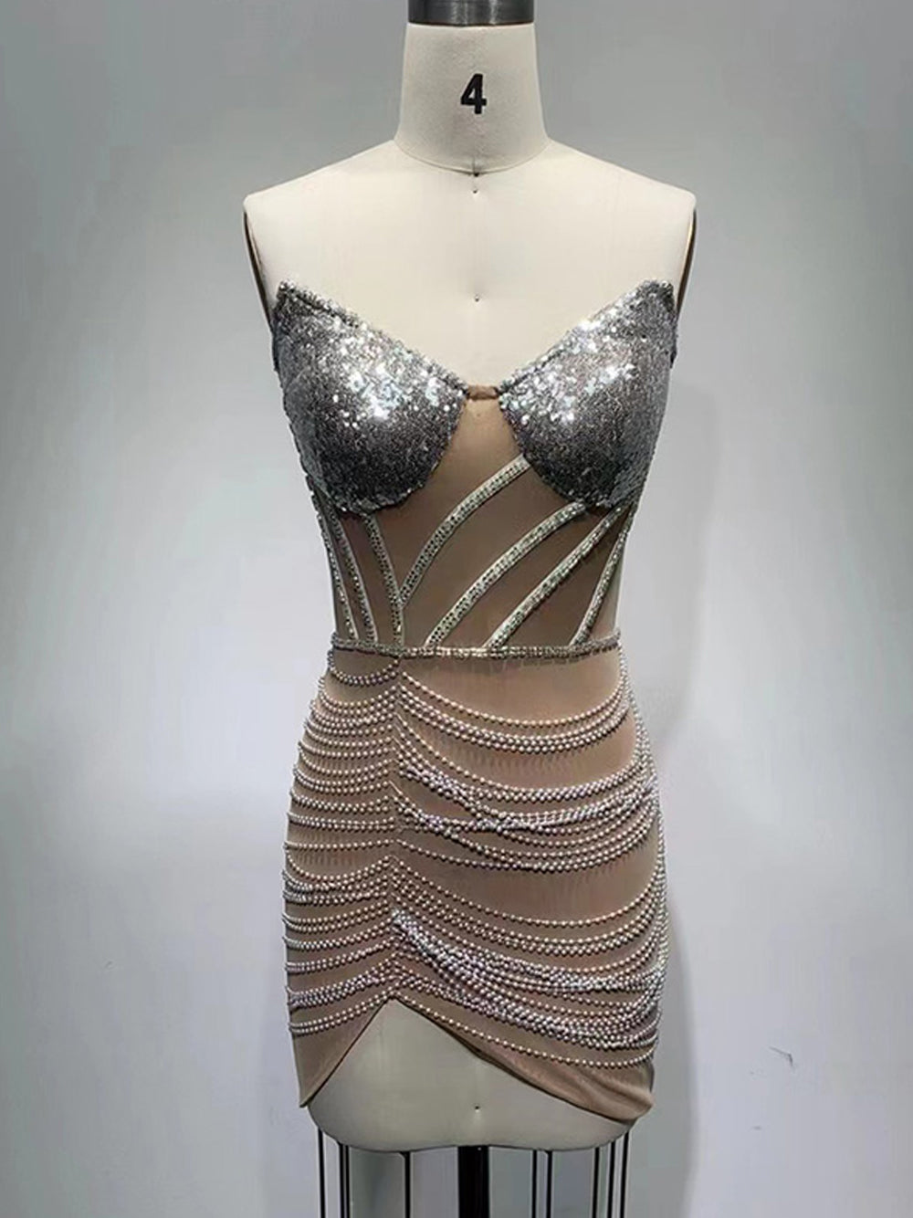 Sweetheart Sequin Bustier Beaded Corset Draped Bead Fringe Tulip Hem Mini Dress 10