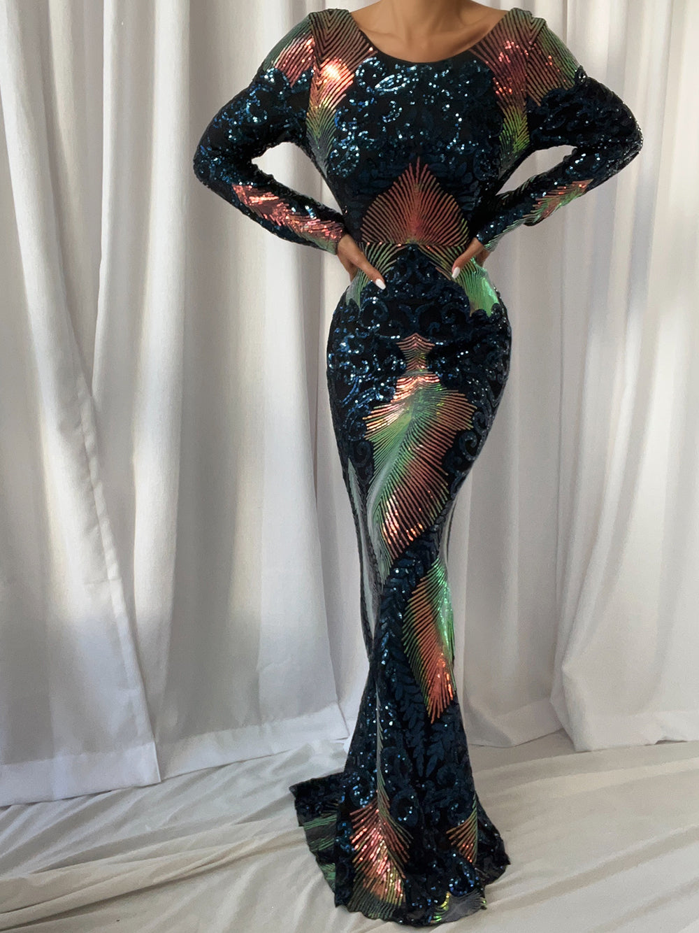 Crew Neck Long Sleeve Iridescent Sequin Fan Motif Bodycon Maxi Dress 3
