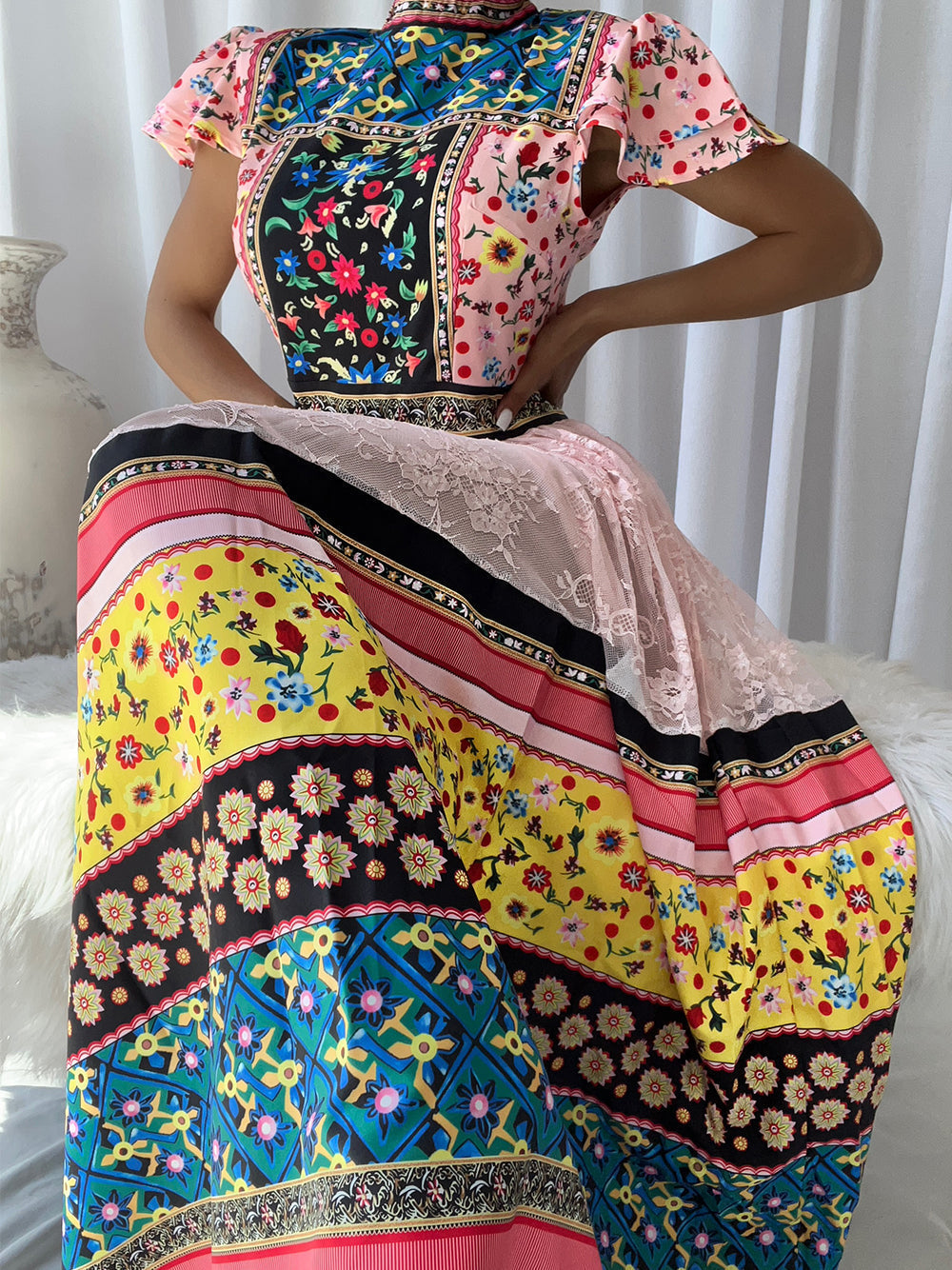Mock Neck Mixed Print Tiered Lace Panel Maxi Dress 5