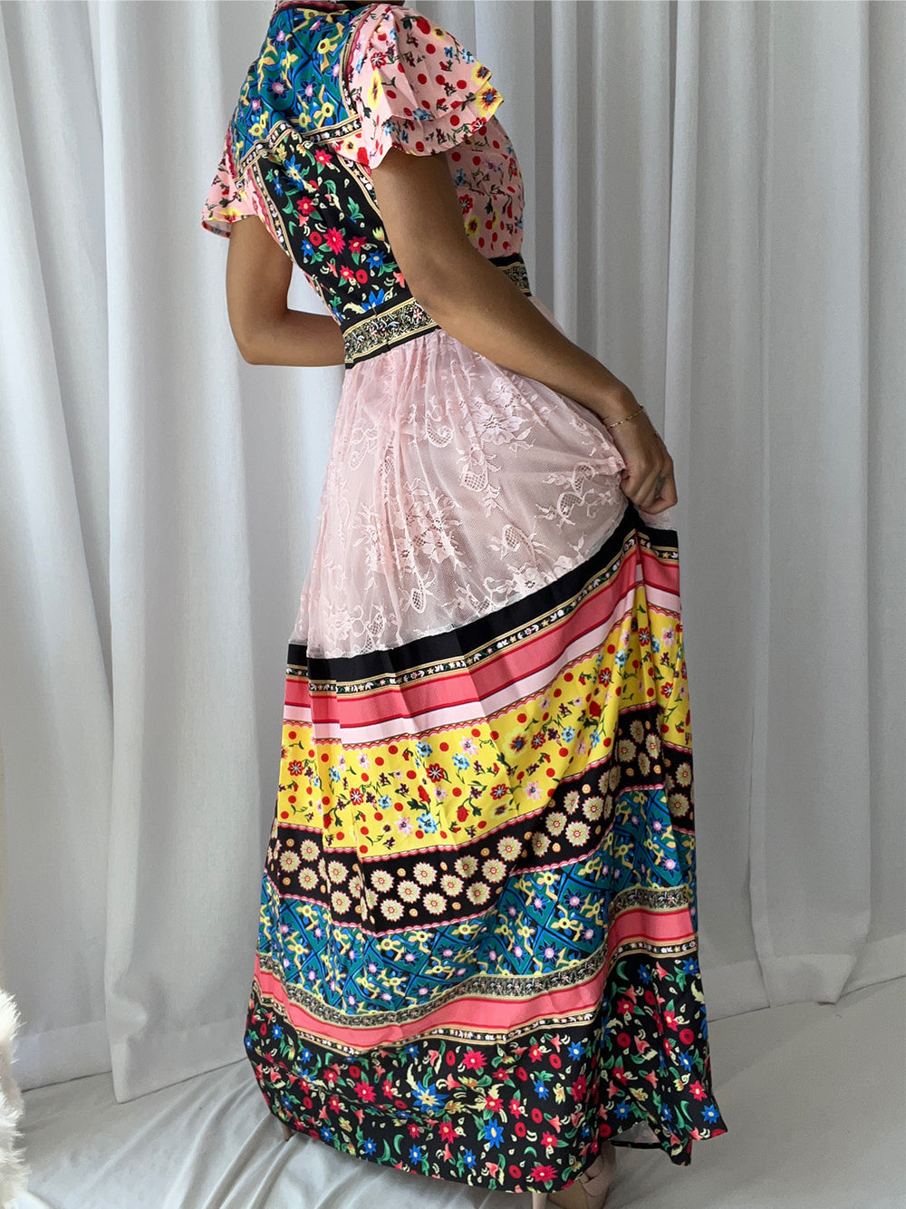 Mock Neck Mixed Print Tiered Lace Panel Maxi Dress 2