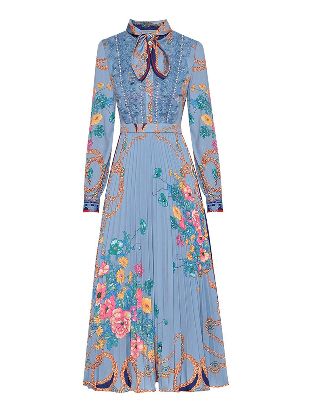 Bow Neck Lace Pearl Trim Accordion Pleat Chain Floral Maxi Dress