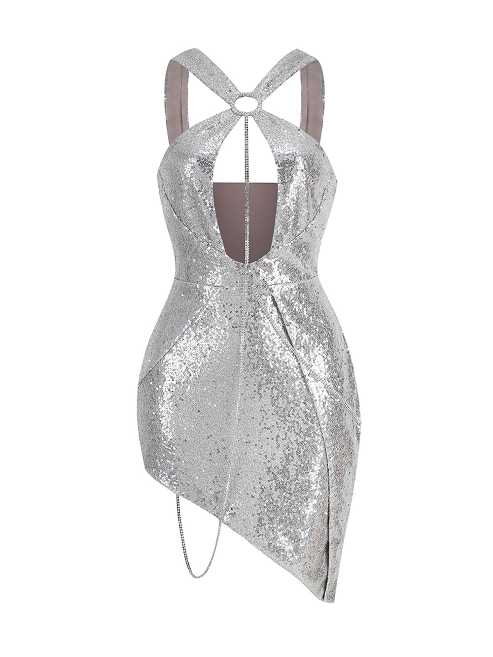 Cross Halter O-Ring Keyhole Midriff Cutout Wrap Hem Sequin Mini Dress
