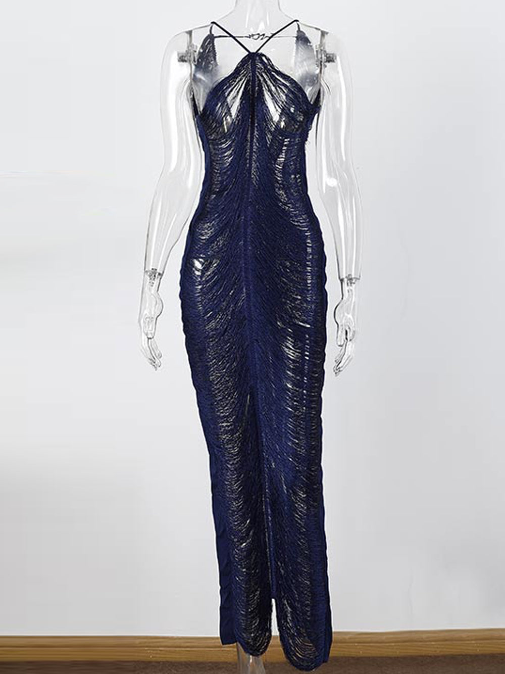 Halter Spaghetti Strap Side Cutout Horizontal Tassel Fringe Midi Dress 20