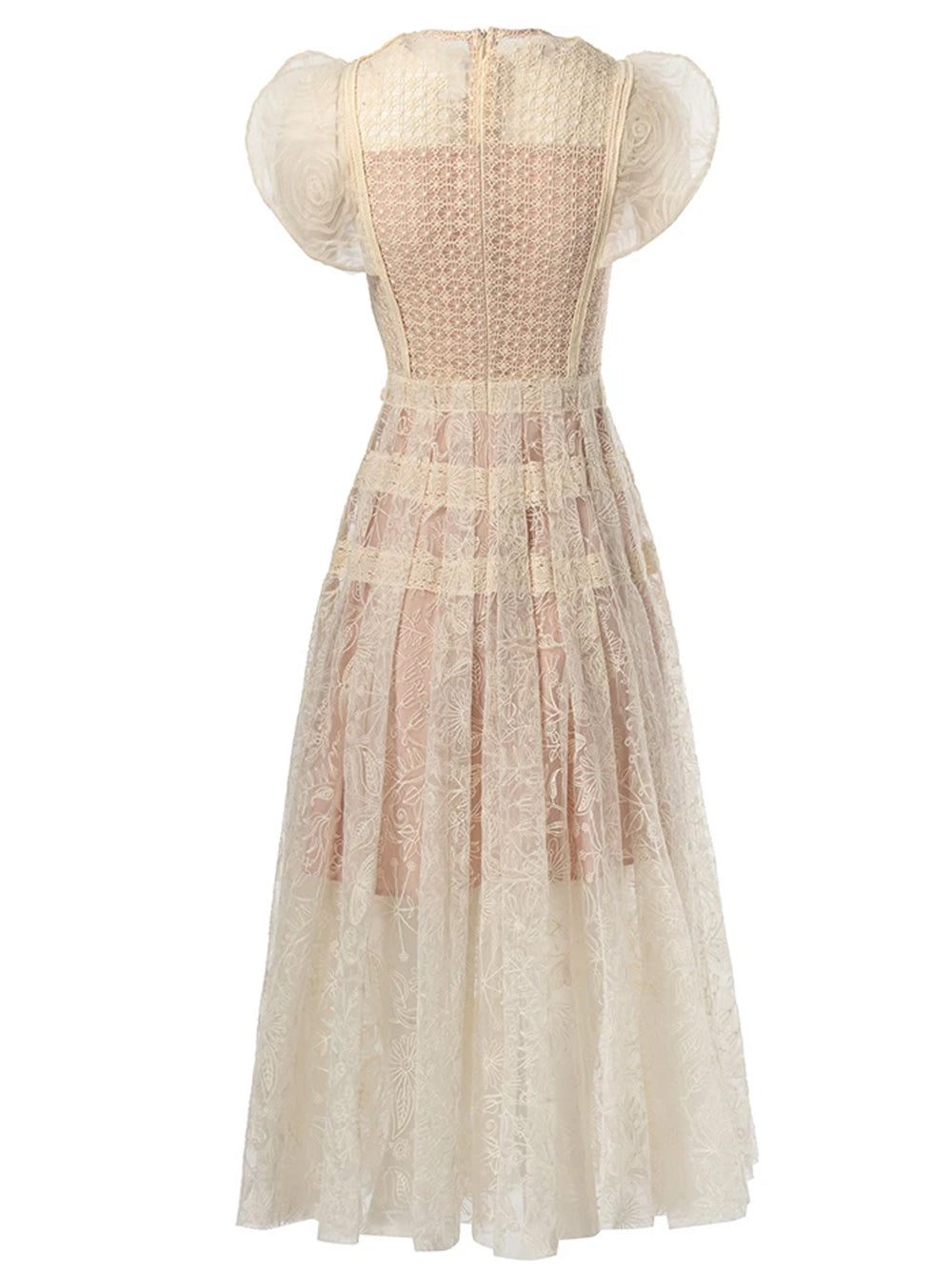 Crew Neck Puff Sleeve Floral Crochet Applique Lace Tiered Midi Dress 2