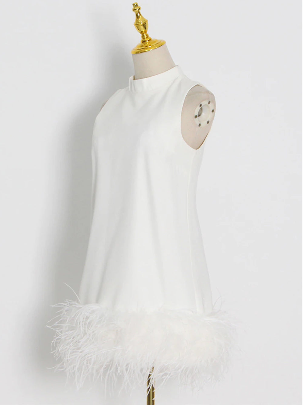 Mock Neck Sleeveless Shift Feather Trim Mini Dress 6