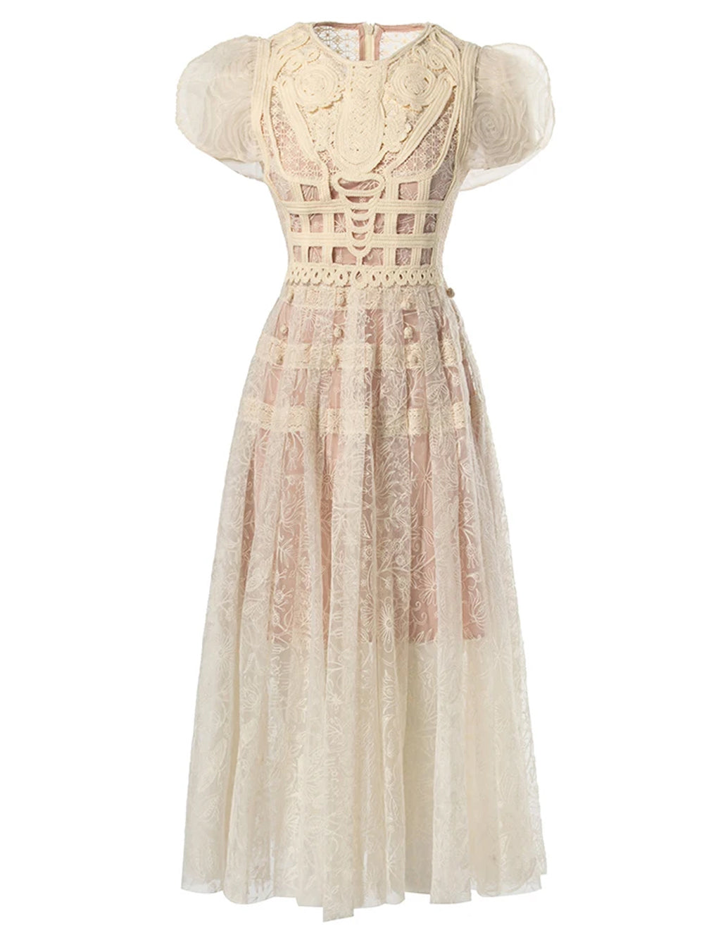 Crew Neck Puff Sleeve Floral Crochet Applique Lace Tiered Midi Dress