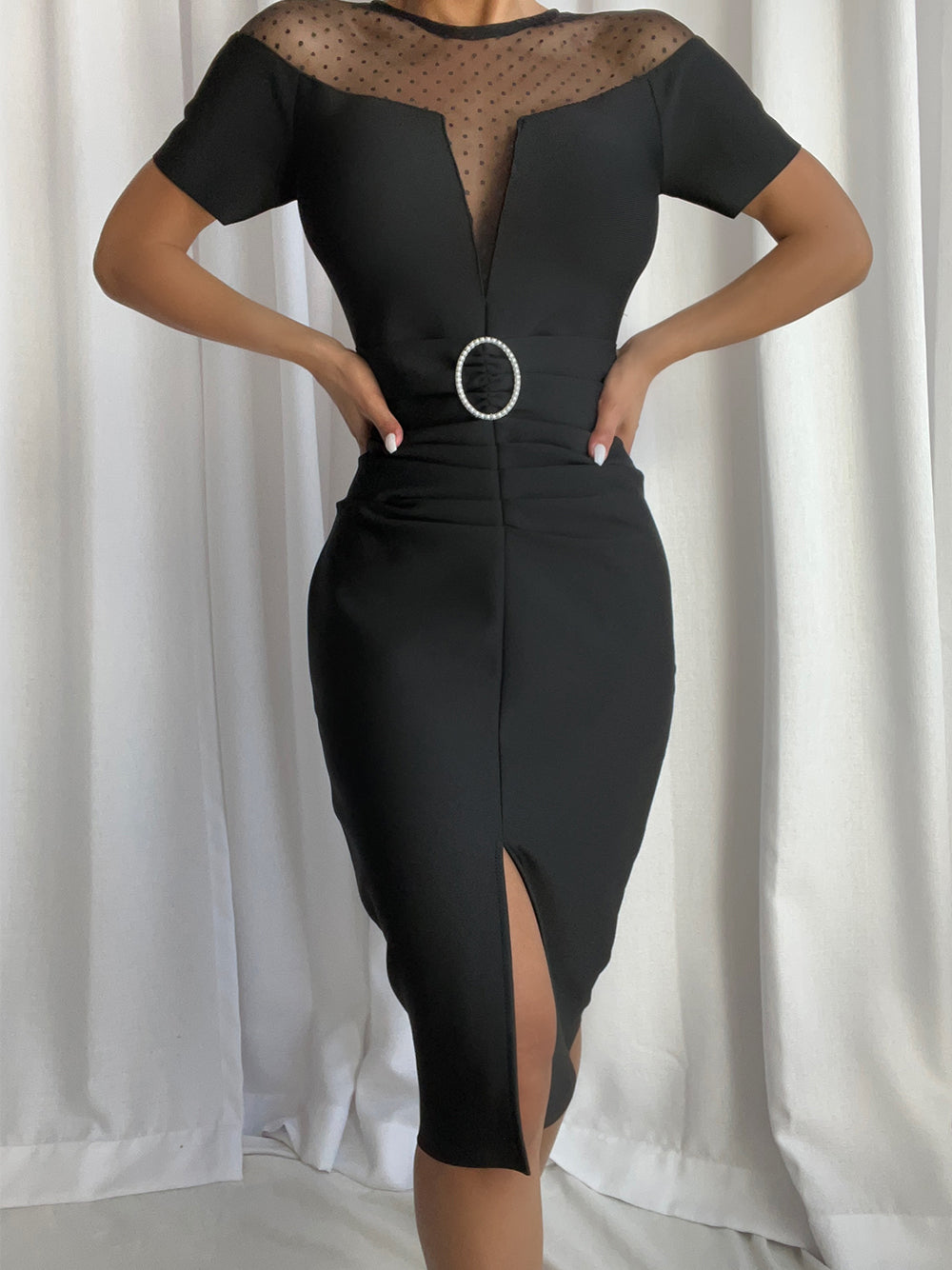 Swiss Dot Mesh Deep V Plunging Rhinestone Buckle Ruched Thigh Slit Midi Dress