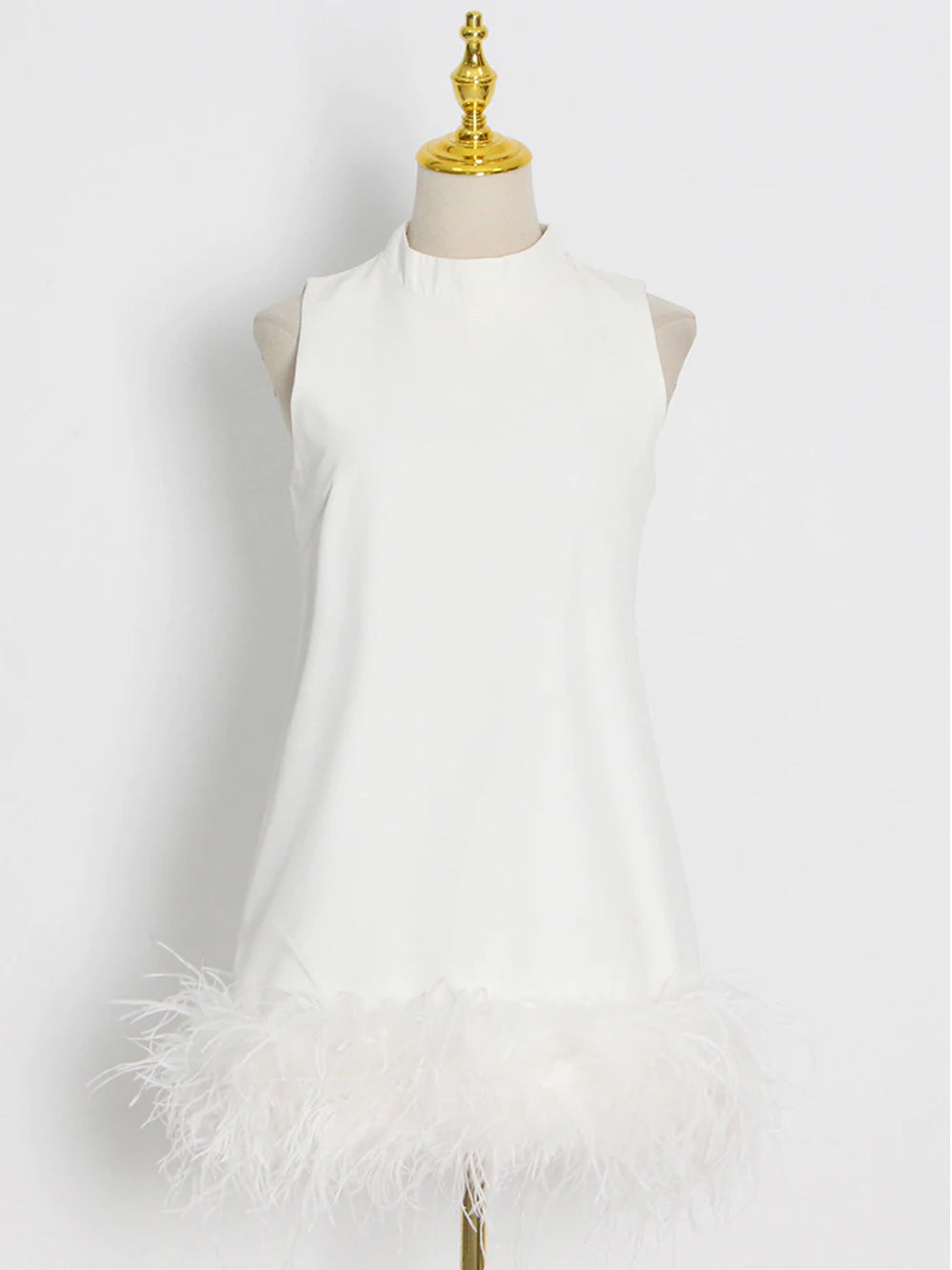 Mock Neck Sleeveless Shift Feather Trim Mini Dress 4