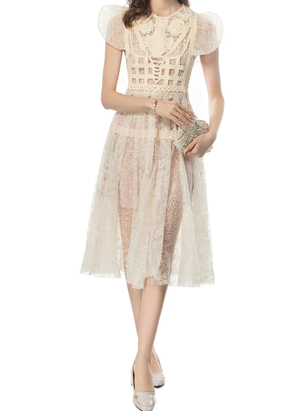 Crew Neck Puff Sleeve Floral Crochet Applique Lace Tiered Midi Dress 4