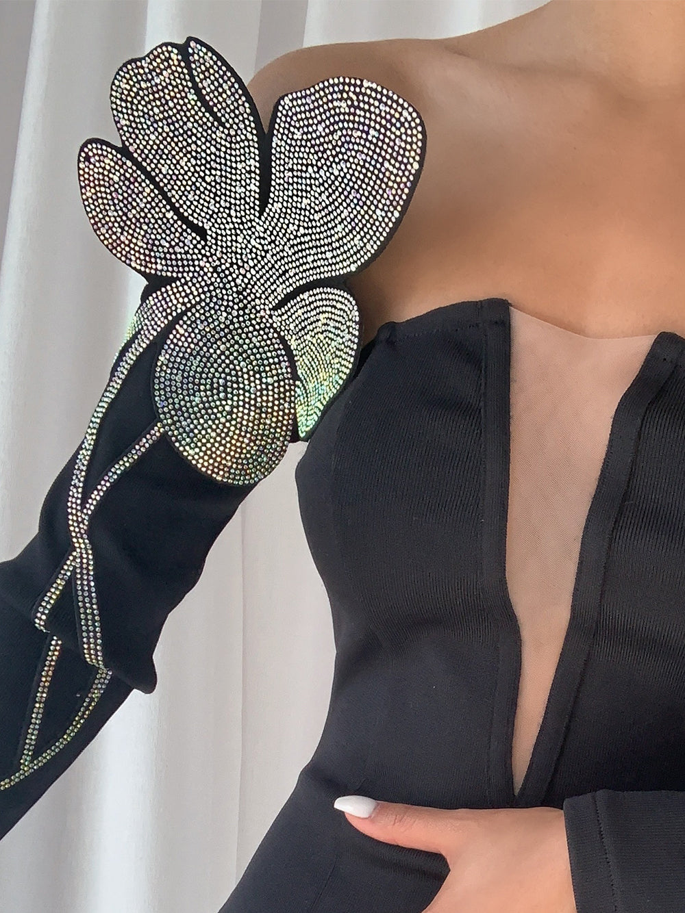 Plunging V Neck Mesh Panel Iridescent Butterfly Shoulder Sequin Maxi Gown 6