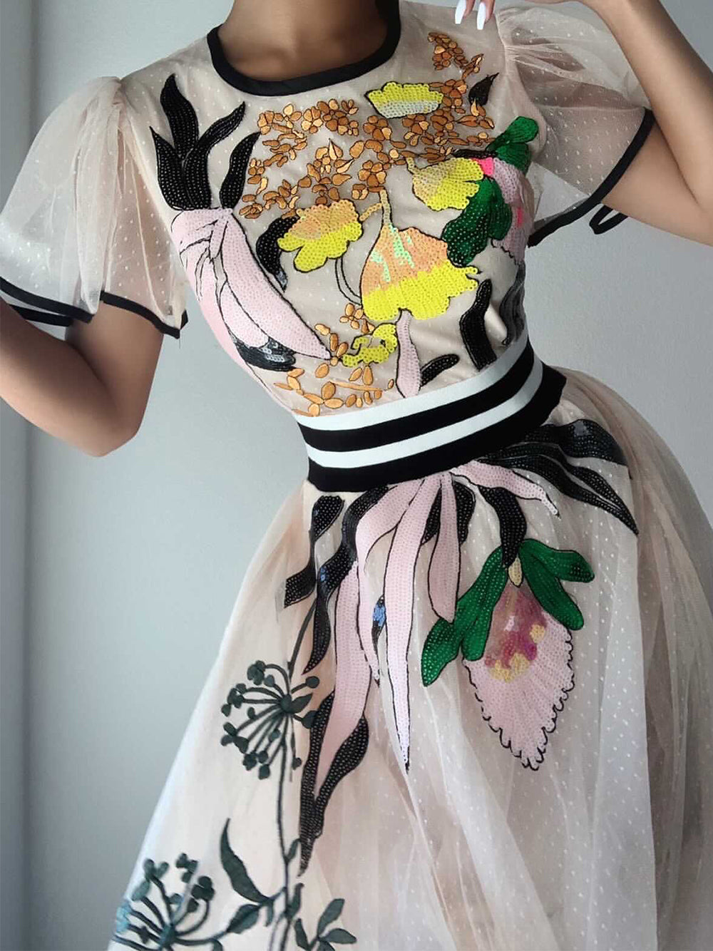 Round Neck Flutter Sleeve Stripe Waistband Floral Tulle Midi Dress 11