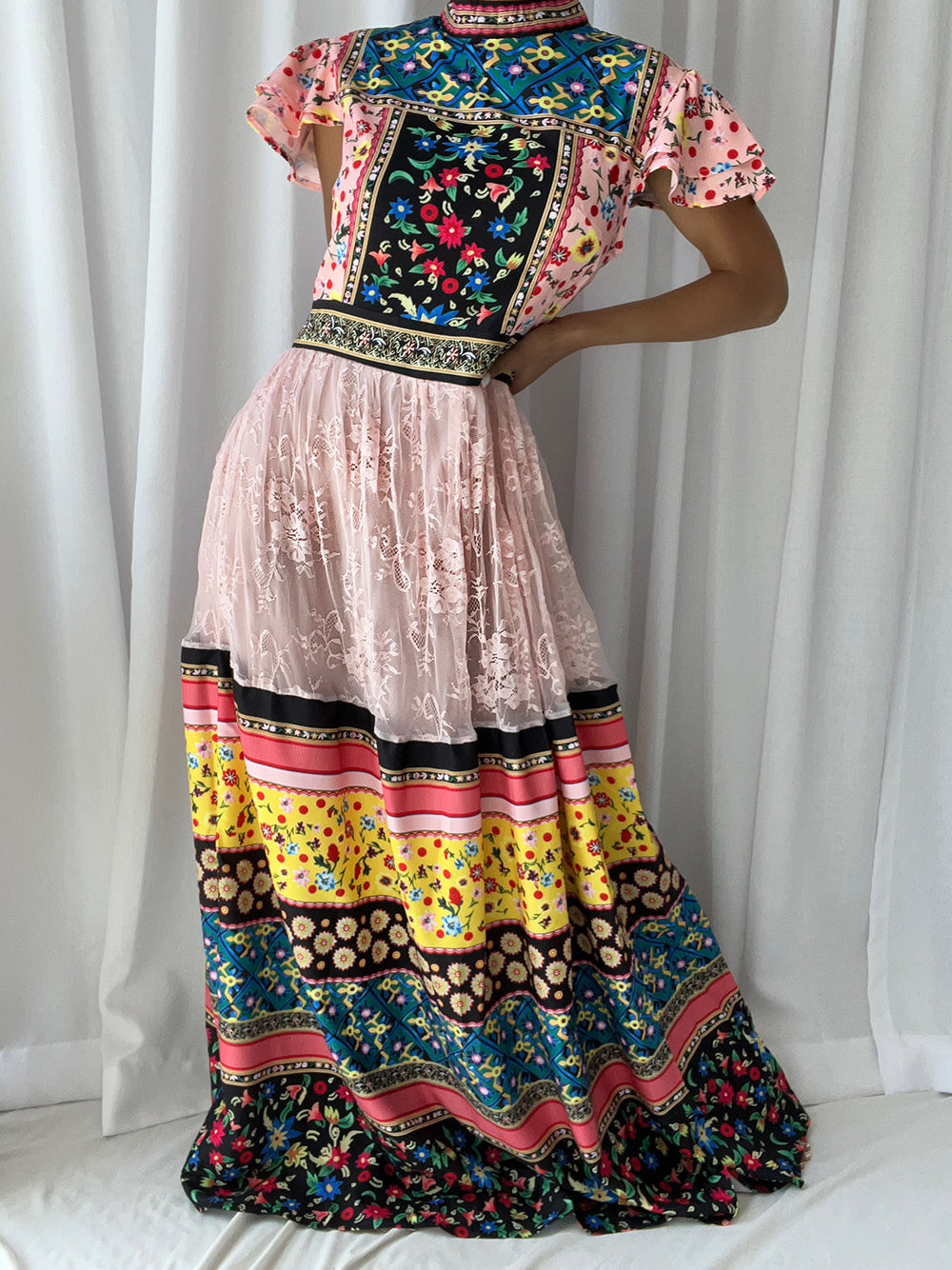 Mock Neck Mixed Print Tiered Lace Panel Maxi Dress 4
