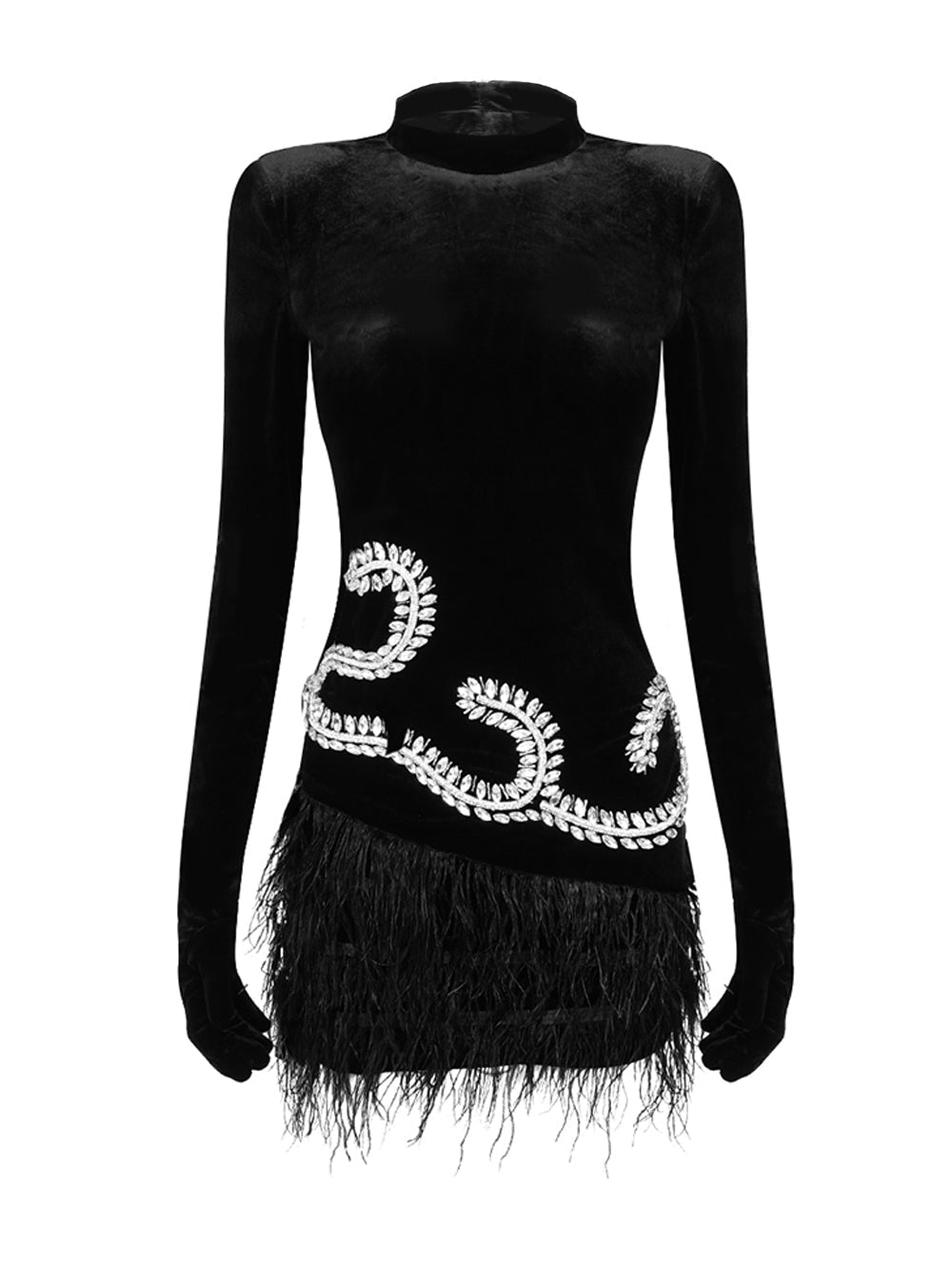 Mock Neck Integrated Glove Sleeve Rhinestone Swirl Feather Hem Mini Dress