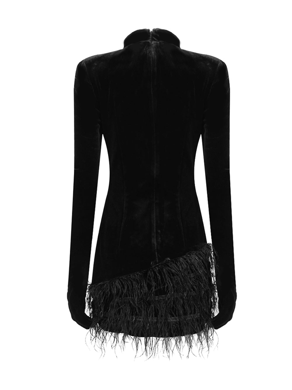Mock Neck Integrated Glove Sleeve Rhinestone Swirl Feather Hem Mini Dress 2