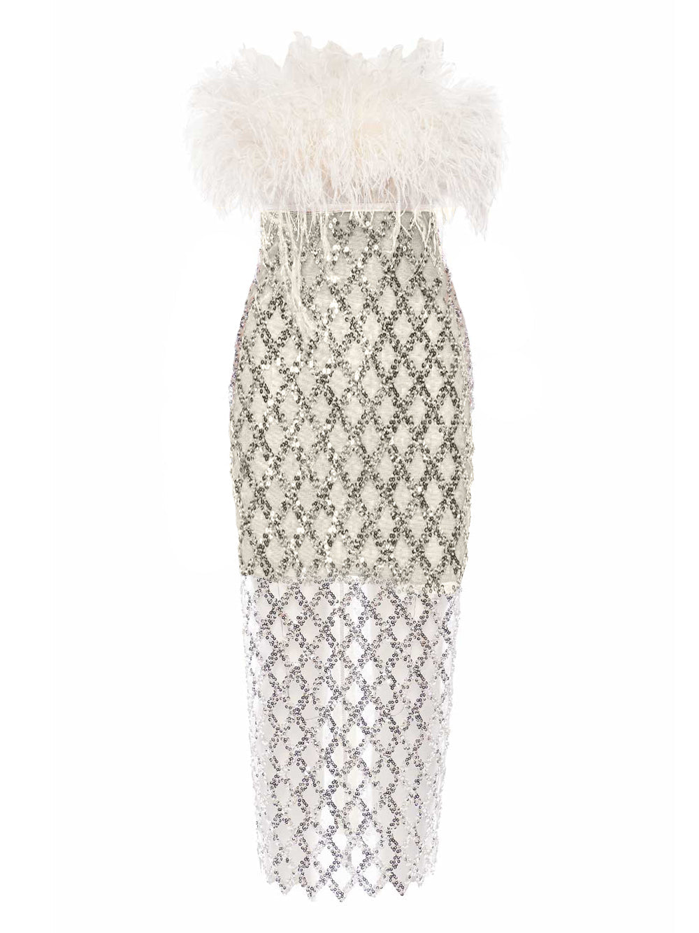 Feather Trim Neck Diamond Sequin Lattice Sheer Hem Maxi Gown