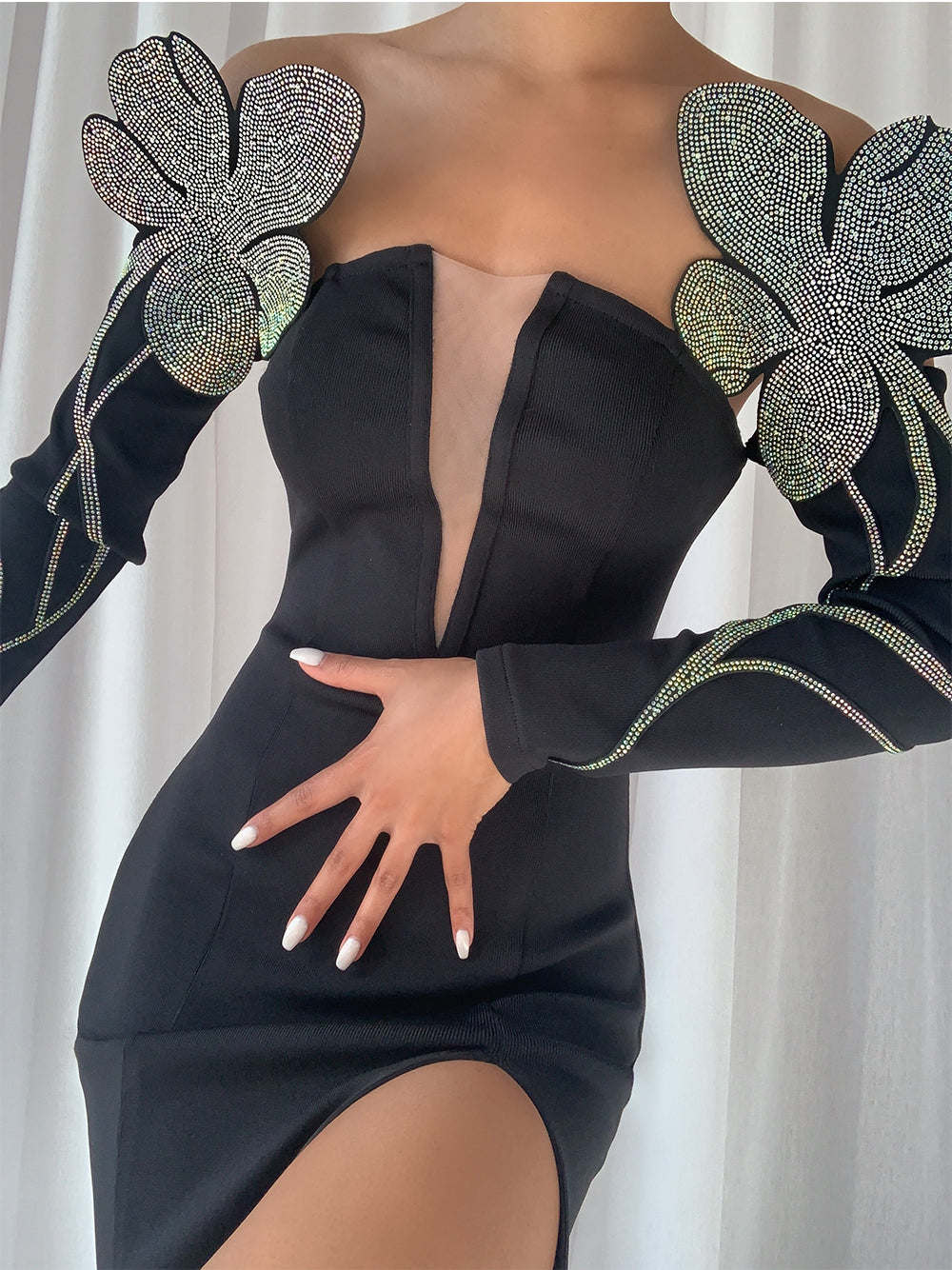 Plunging V Neck Mesh Panel Iridescent Butterfly Shoulder Sequin Maxi Gown 2
