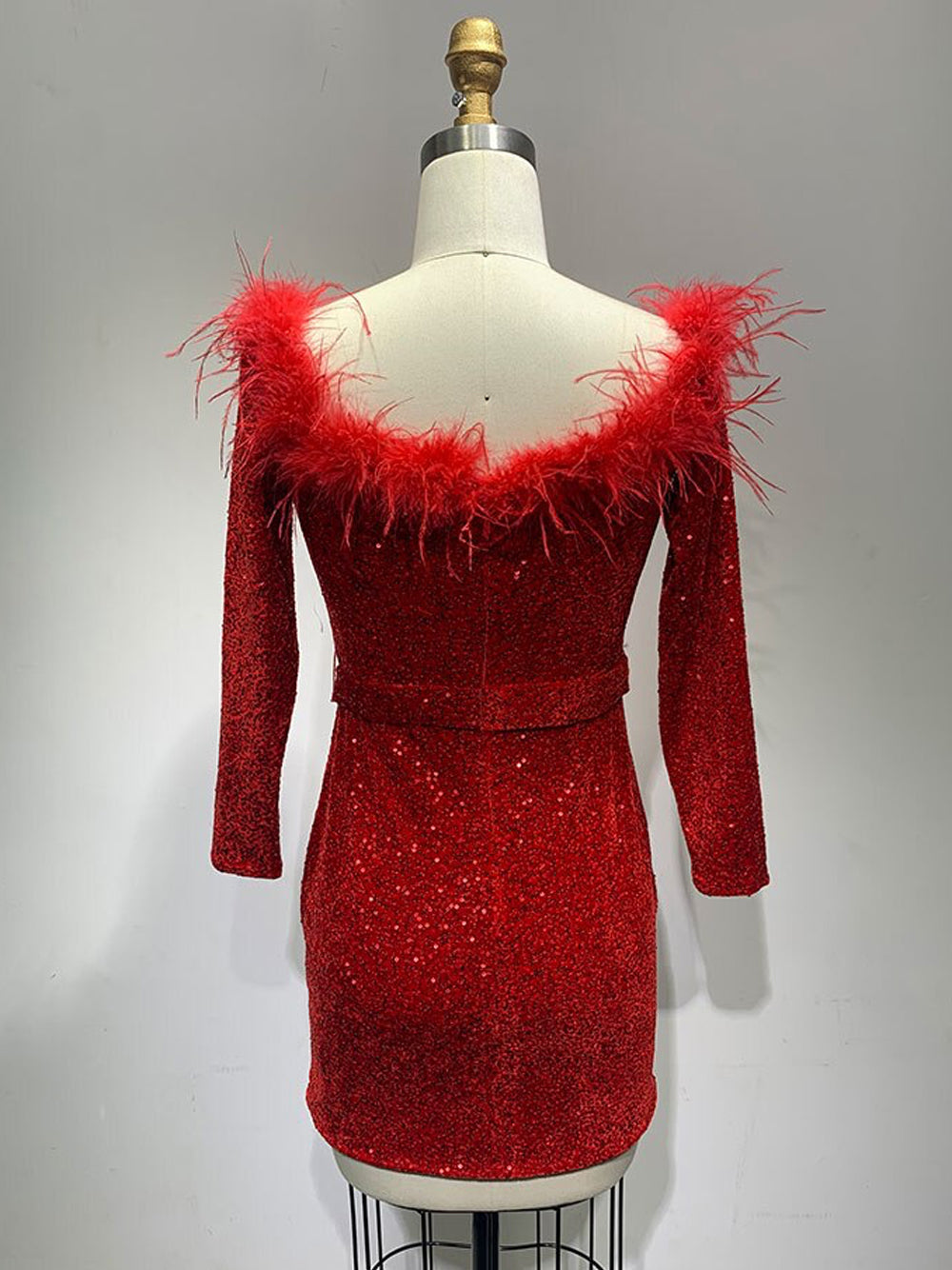 Off Shoulder Feather Trim Long Sleeve Sequin Bodycon Mini Dress 9
