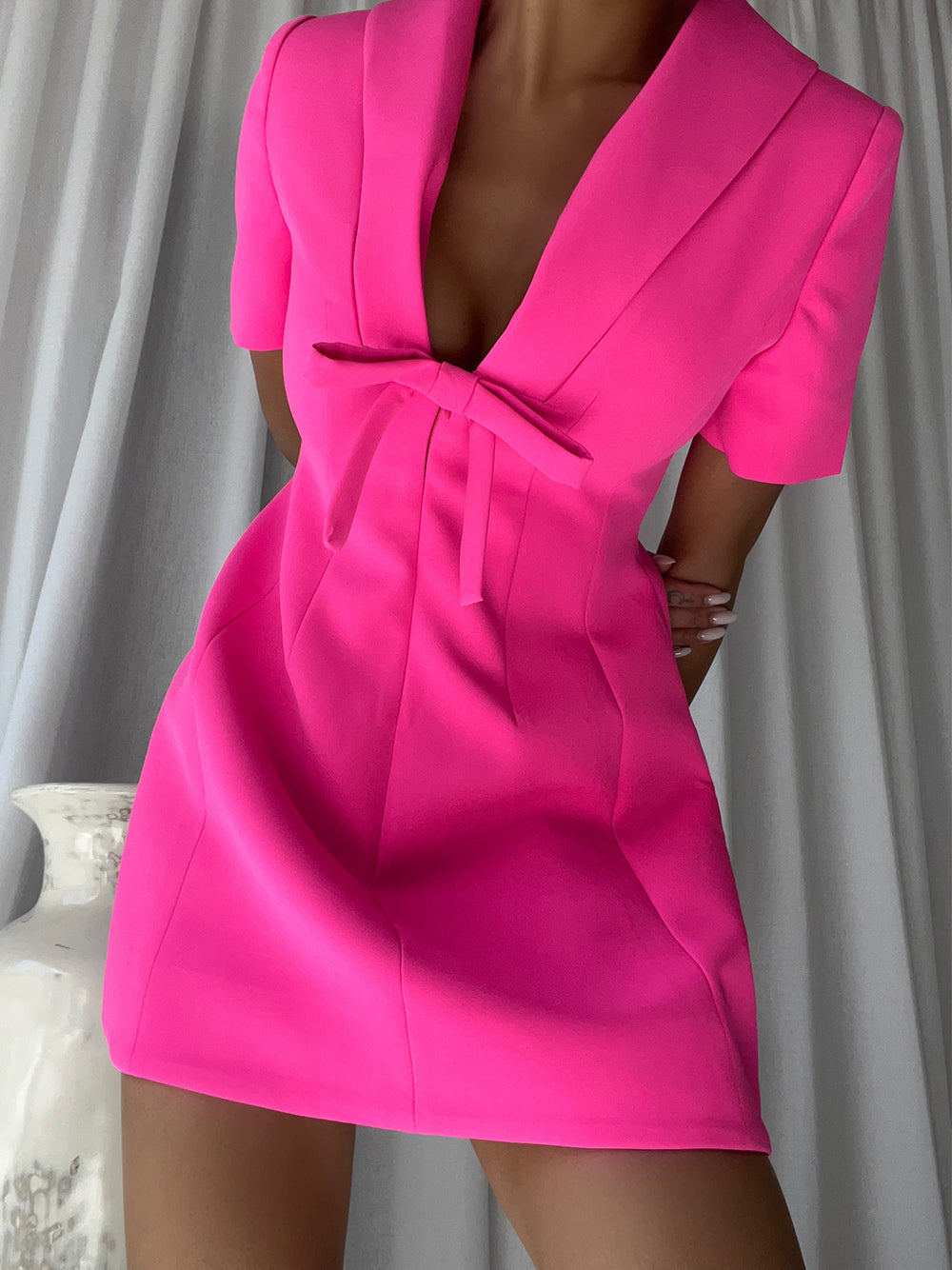 Funnel Neck Princess Seam Short Sleeve A Line Mini Dress 6