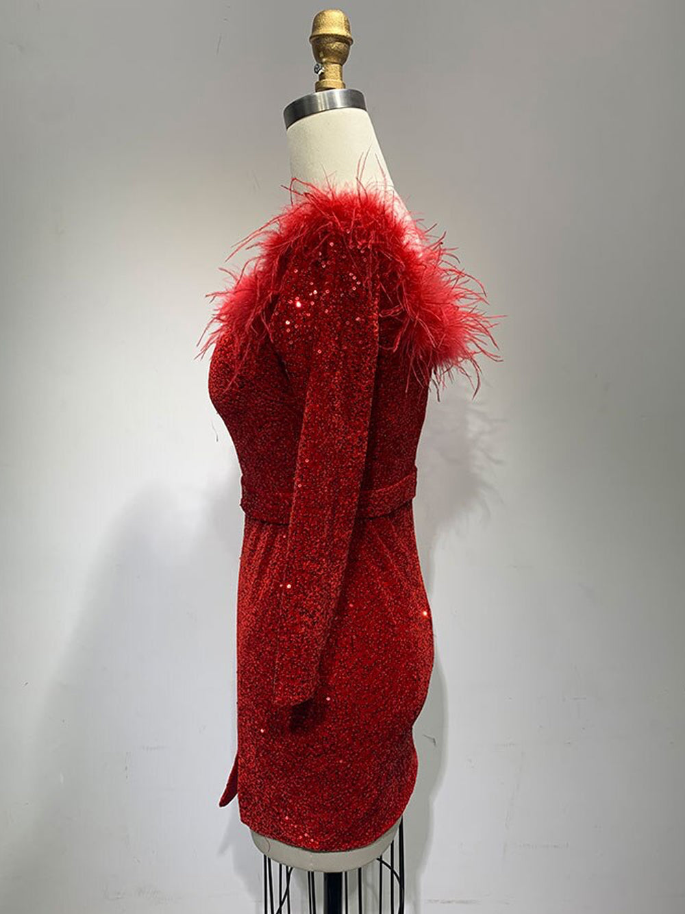 Off Shoulder Feather Trim Long Sleeve Sequin Bodycon Mini Dress 10