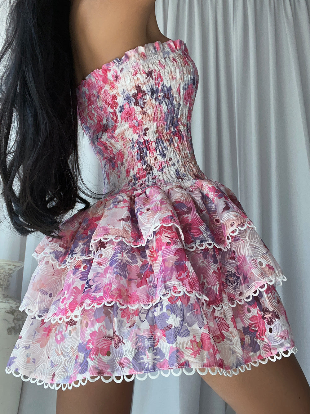 Strapless Smocked Bodice Floral Eyelet Tiered Ruffle Mini Dress 3