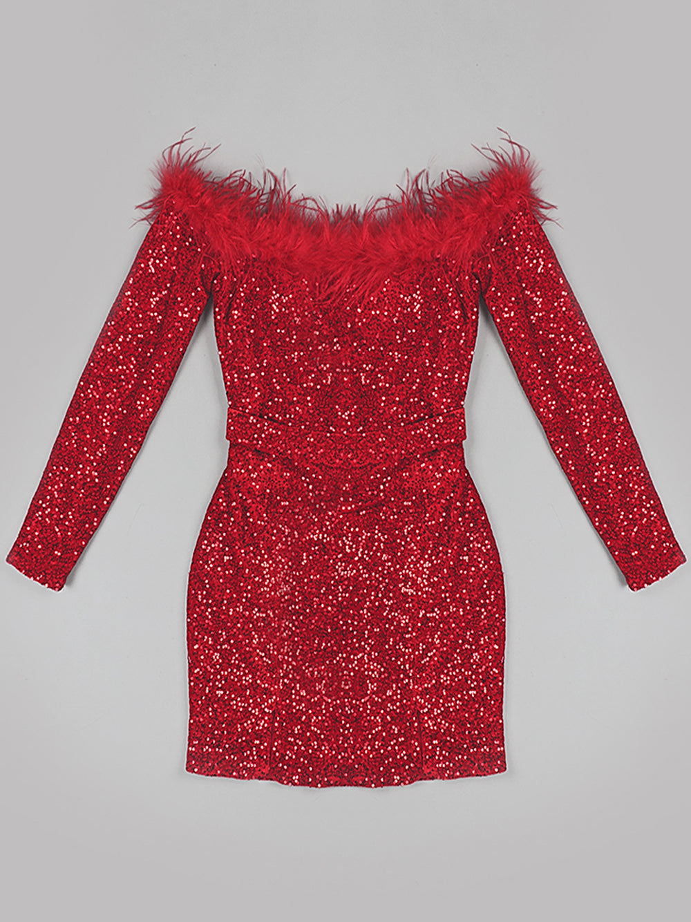 Off Shoulder Feather Trim Long Sleeve Sequin Bodycon Mini Dress 5