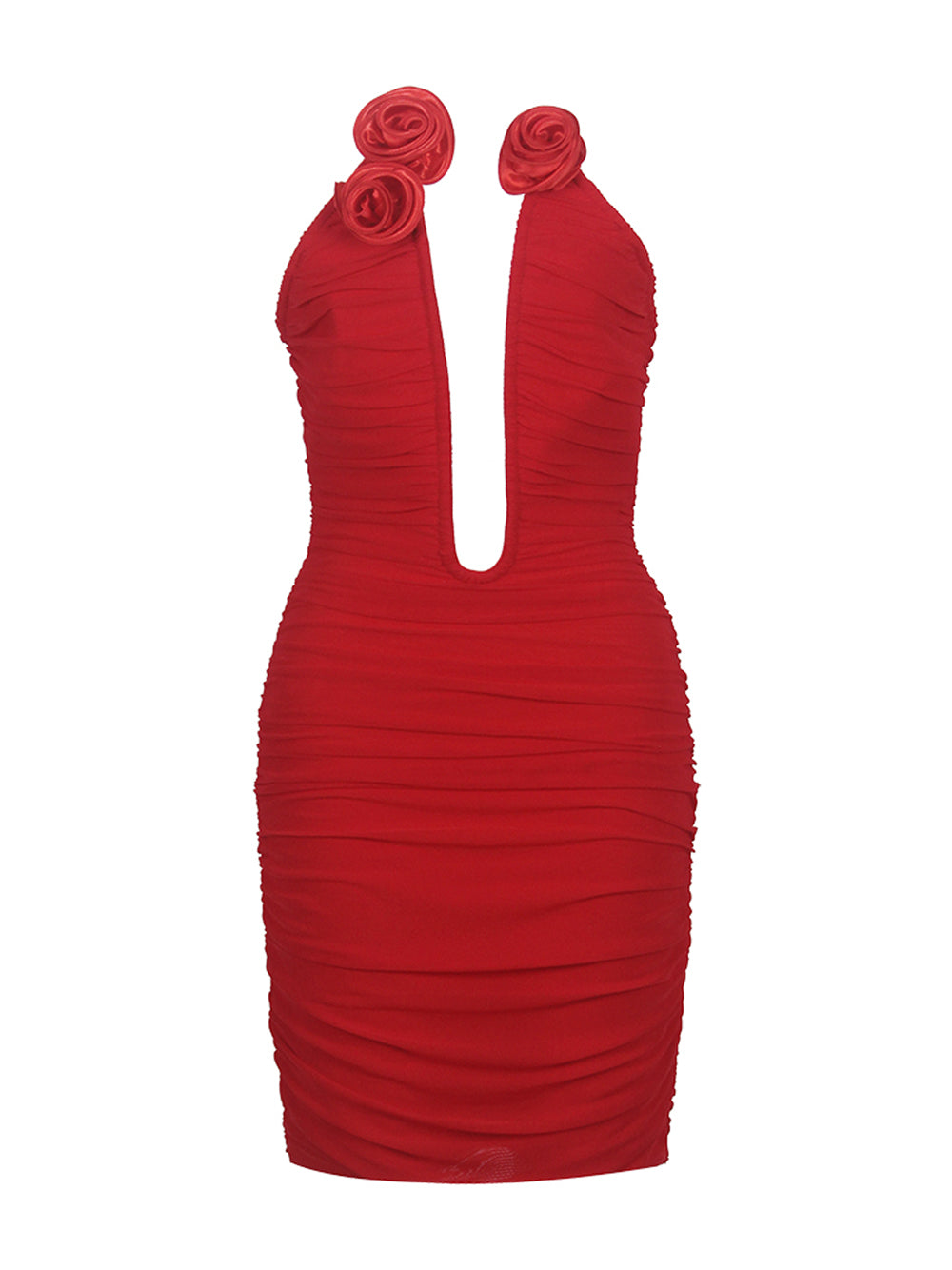 Halter Rosette Applique Deep Plunge Ruched Mesh Bodycon Mini Dress