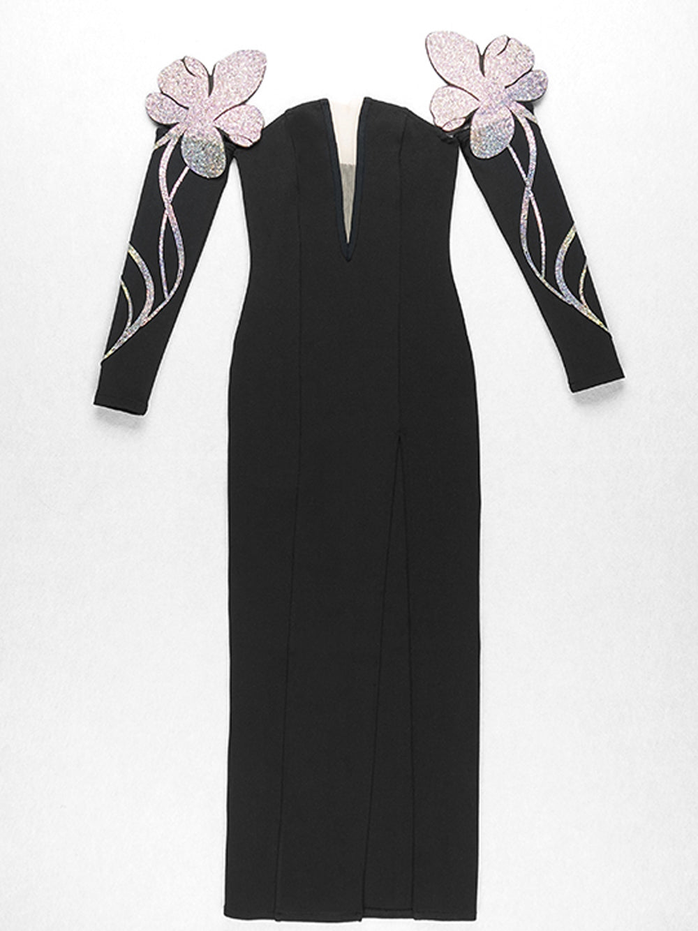 Plunging V Neck Mesh Panel Iridescent Butterfly Shoulder Sequin Maxi Gown 7