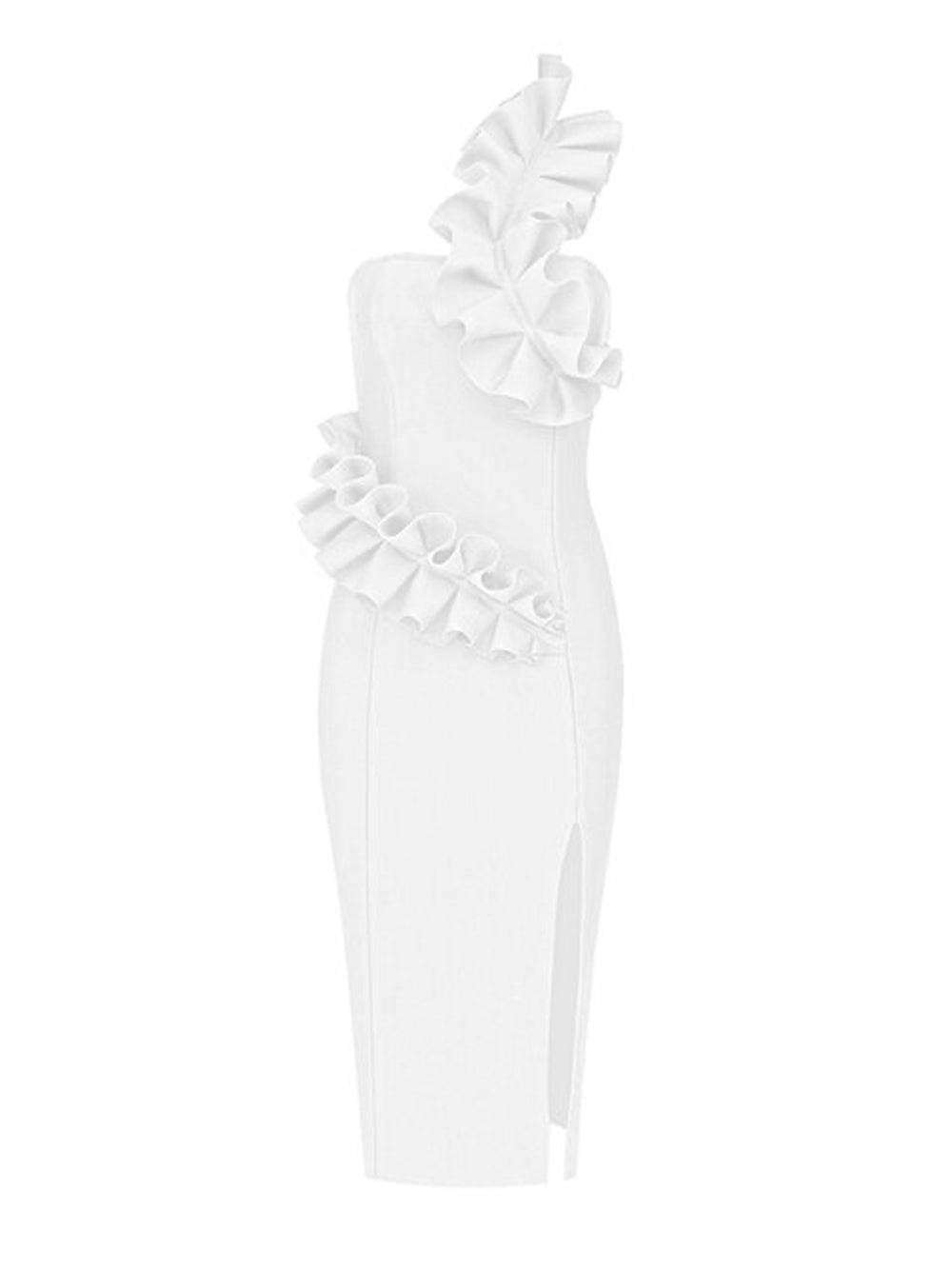 One Shoulder Ruffle Trim Waist Detail High Slit Bandage Midi Dress