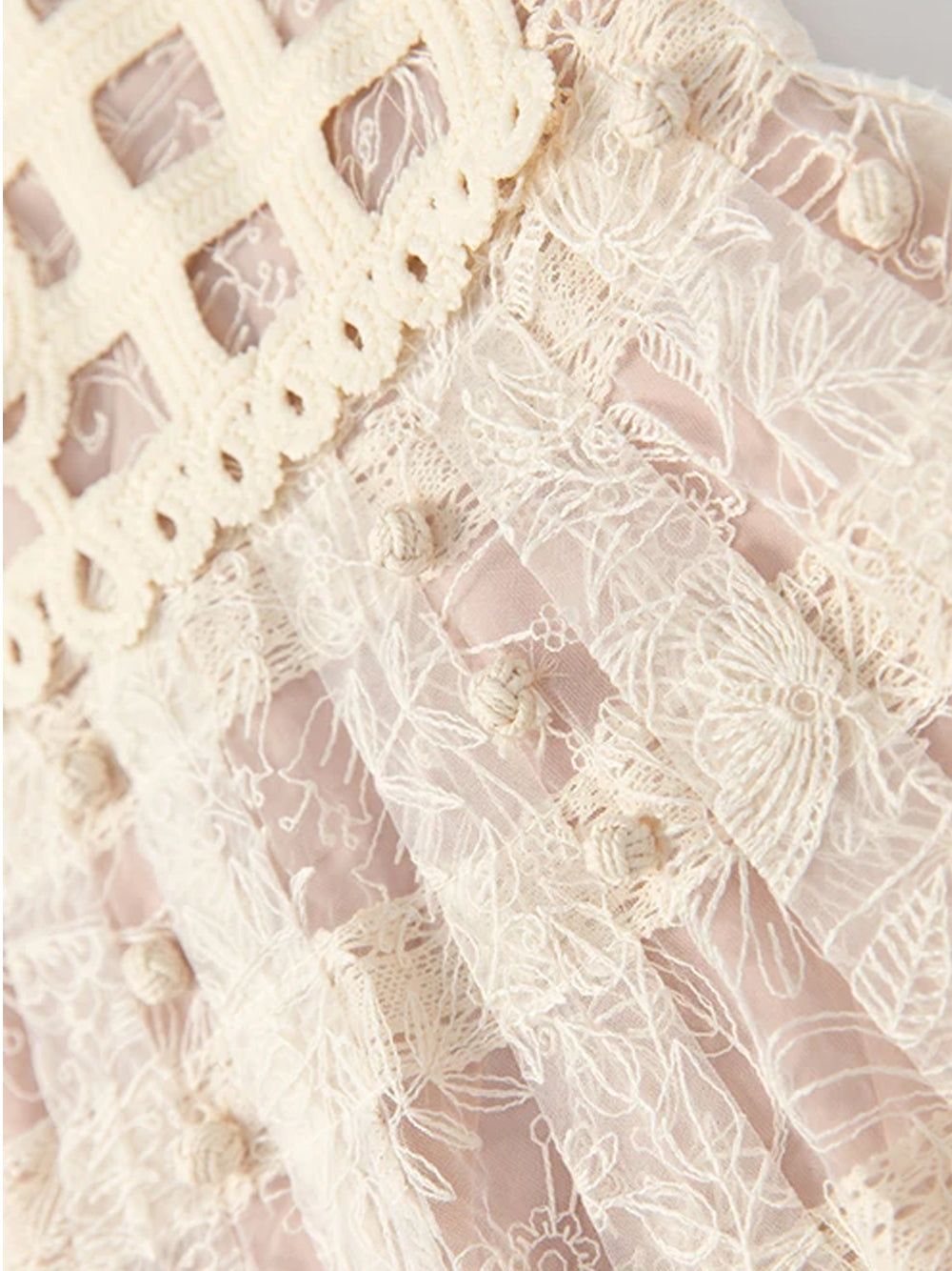 Crew Neck Puff Sleeve Floral Crochet Applique Lace Tiered Midi Dress 6