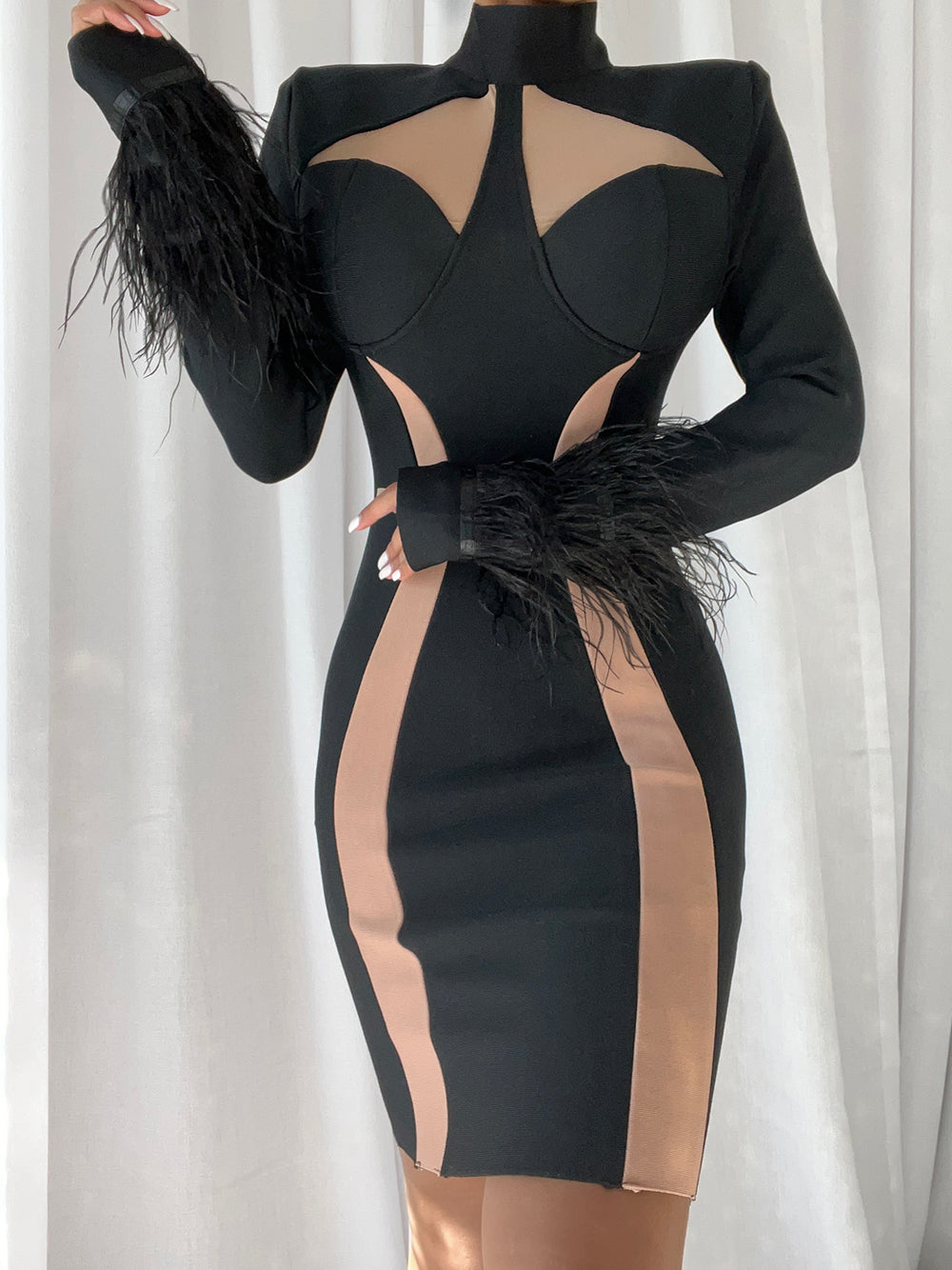 Mock Neck Cutout Long Sleeve Feather Cuff Mesh Panel Bodycon Mini Dress