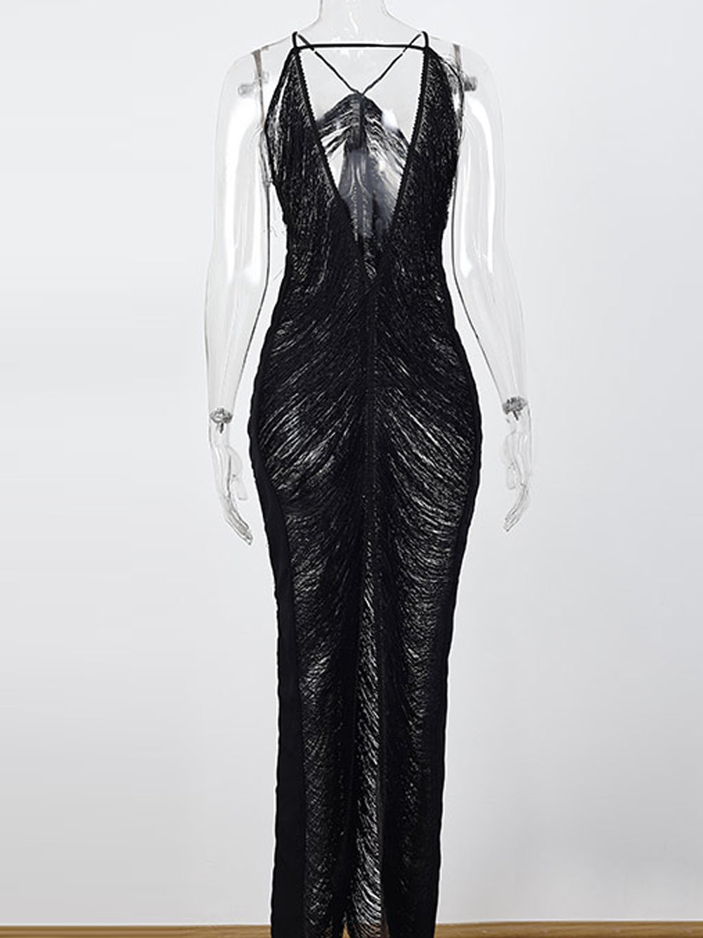 Halter Spaghetti Strap Side Cutout Horizontal Tassel Fringe Midi Dress 19