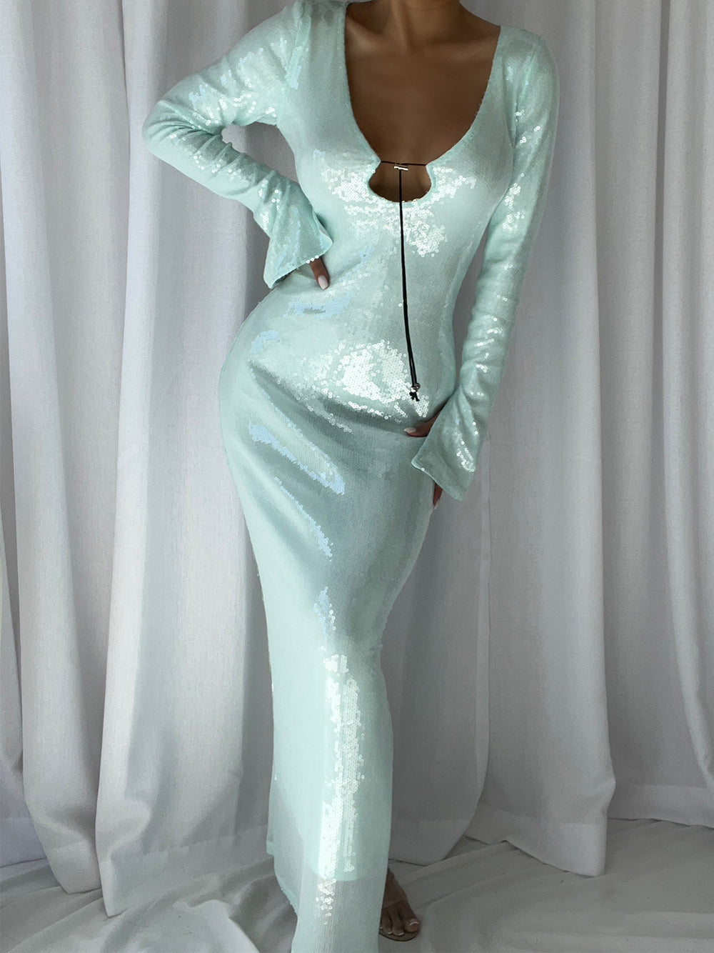 Plunging Scoop Neck Tie Front Sequin Long Sleeve Bodycon Maxi Dress 2